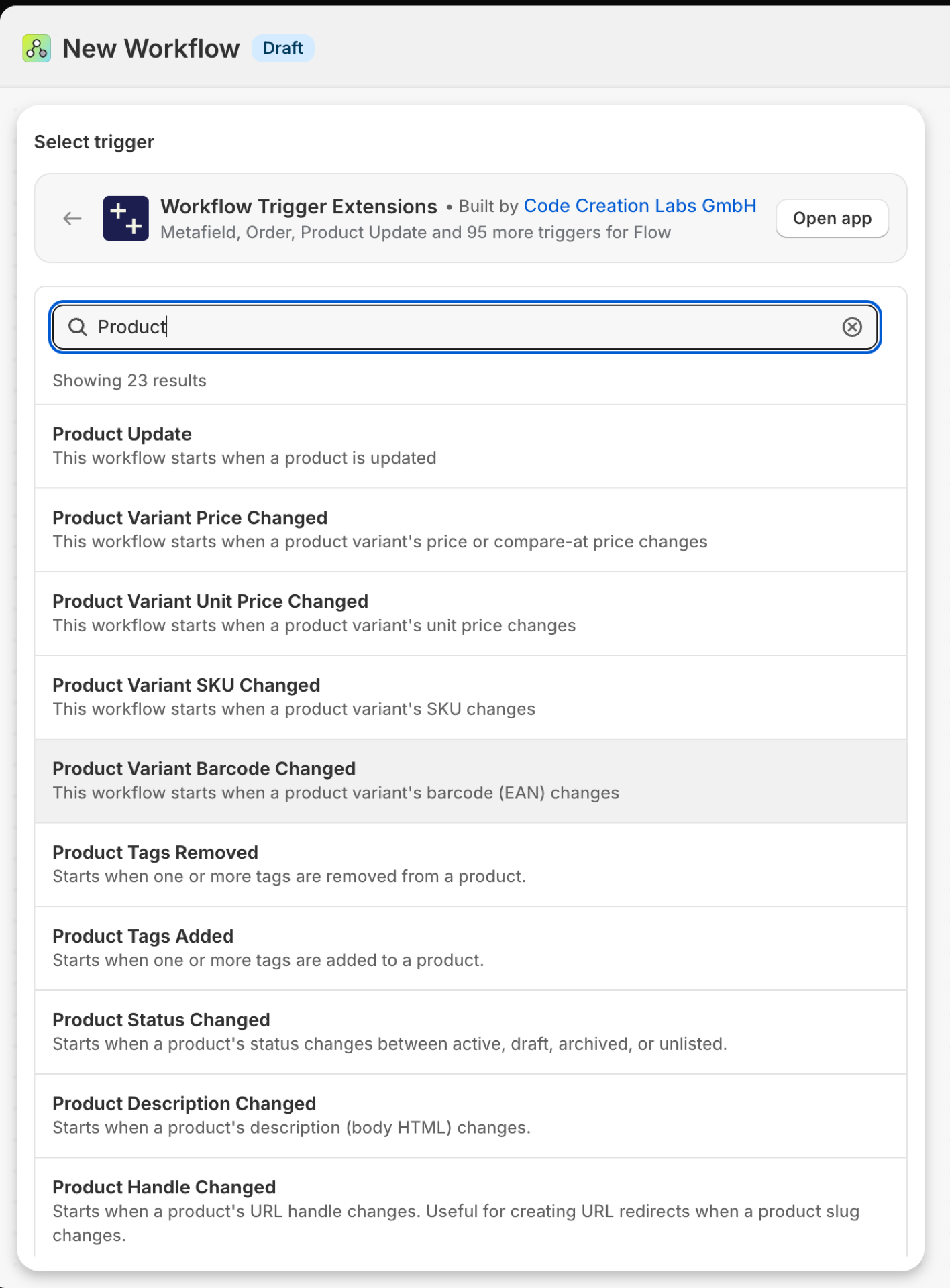 Shopify Flow's trigger picker inside Workflow Trigger Extensions, searched for Product
