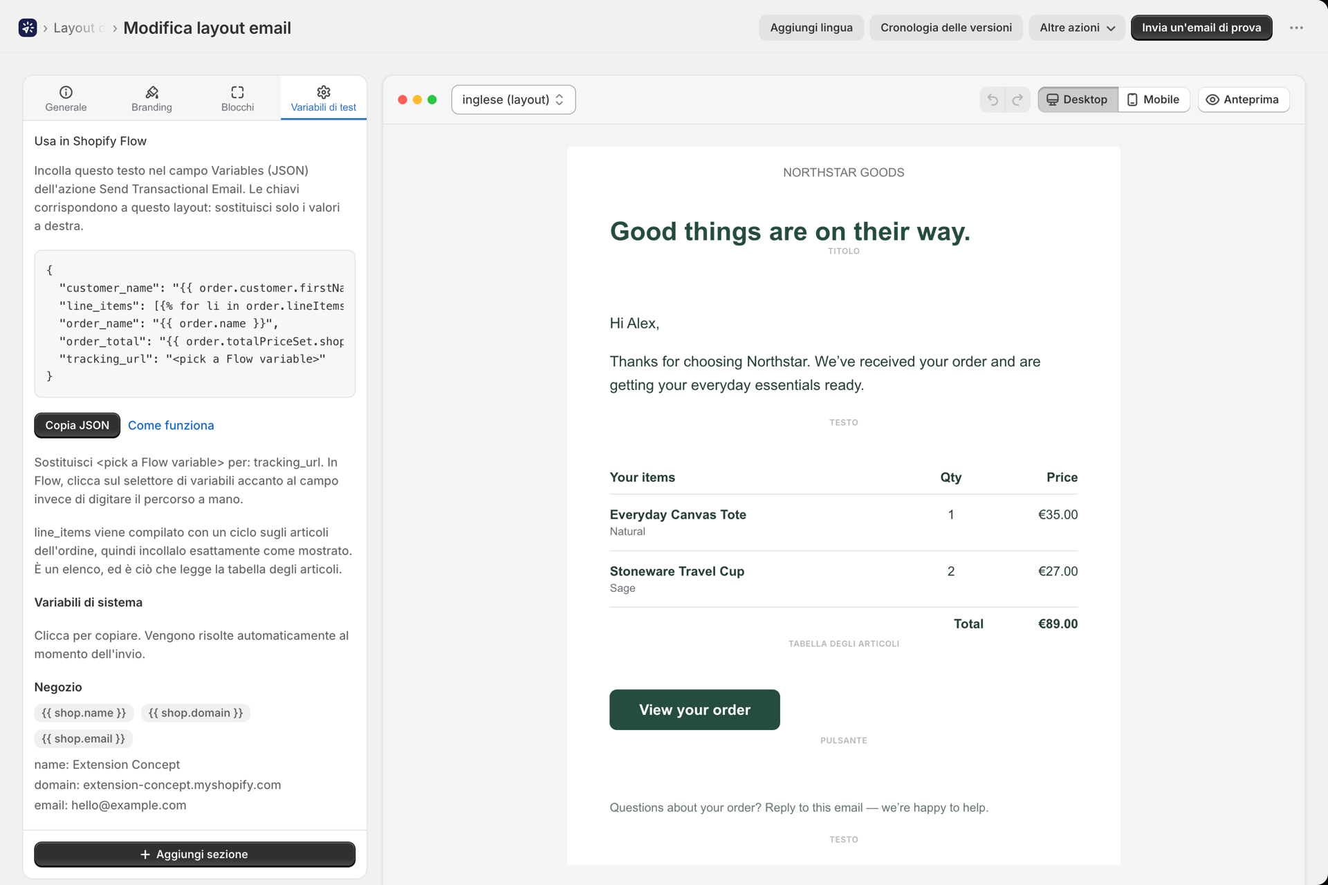 La scheda “Variabili di test” di un layout con il pannello “Utilizza inShopify Flow” e il relativo pulsante “Copia JSON”