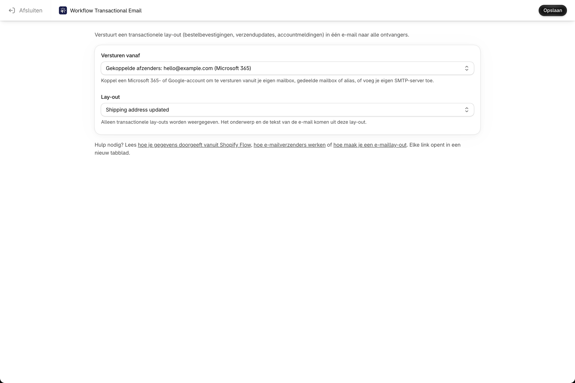 De configuratiepagina voor de e-mailactie, waarop de beschikbare e-maillay-outs worden weergegeven