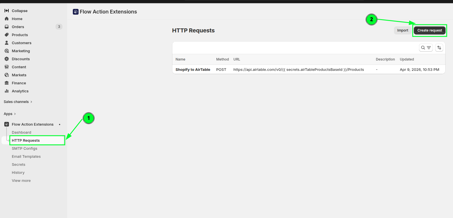 The HTTP Requests page with the Create request button