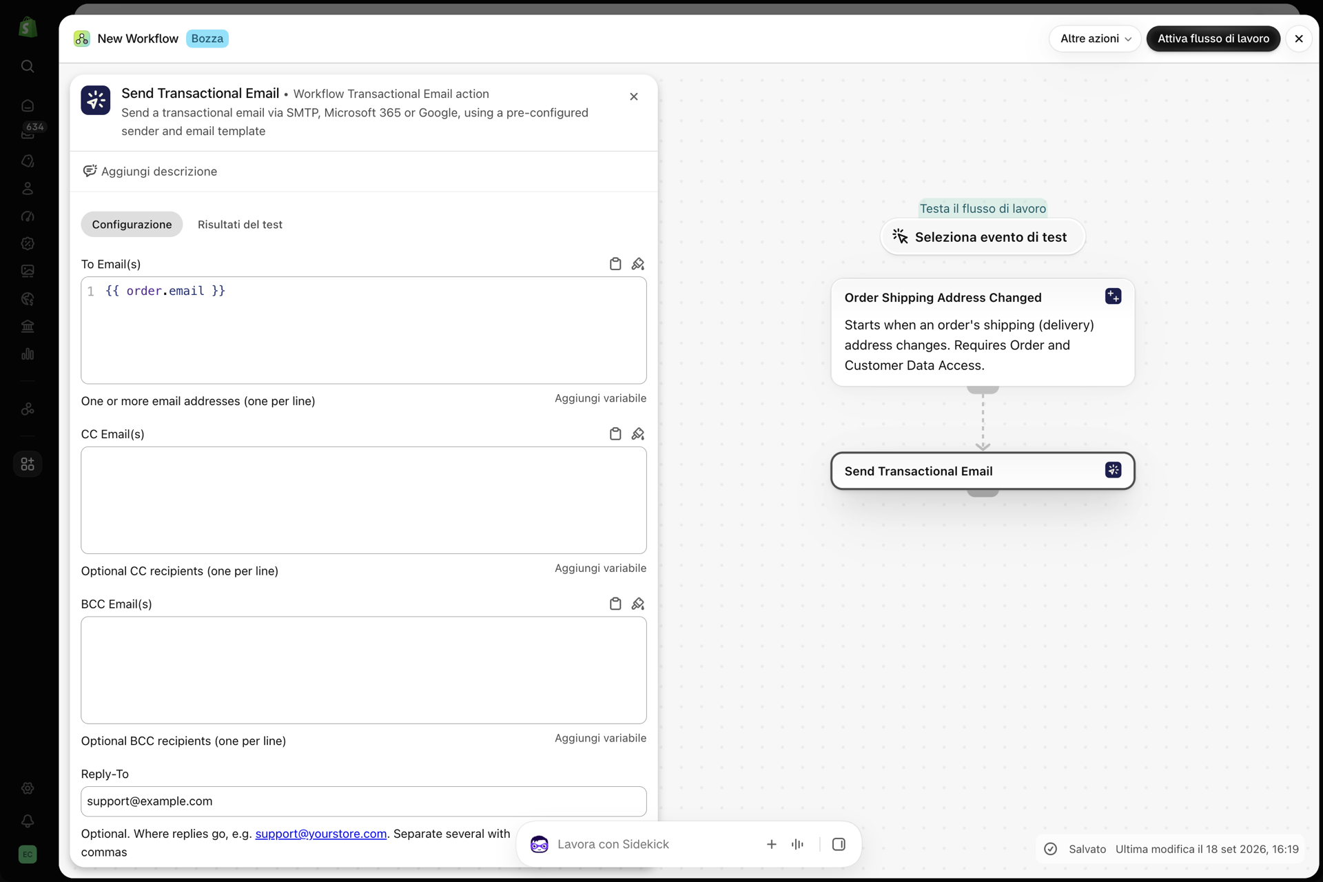 Un workflow con un trigger e l'azione "Invia e-mail transazionale", il cui campo "A" è impostato sull'indirizzo e-mail dell'ordine
