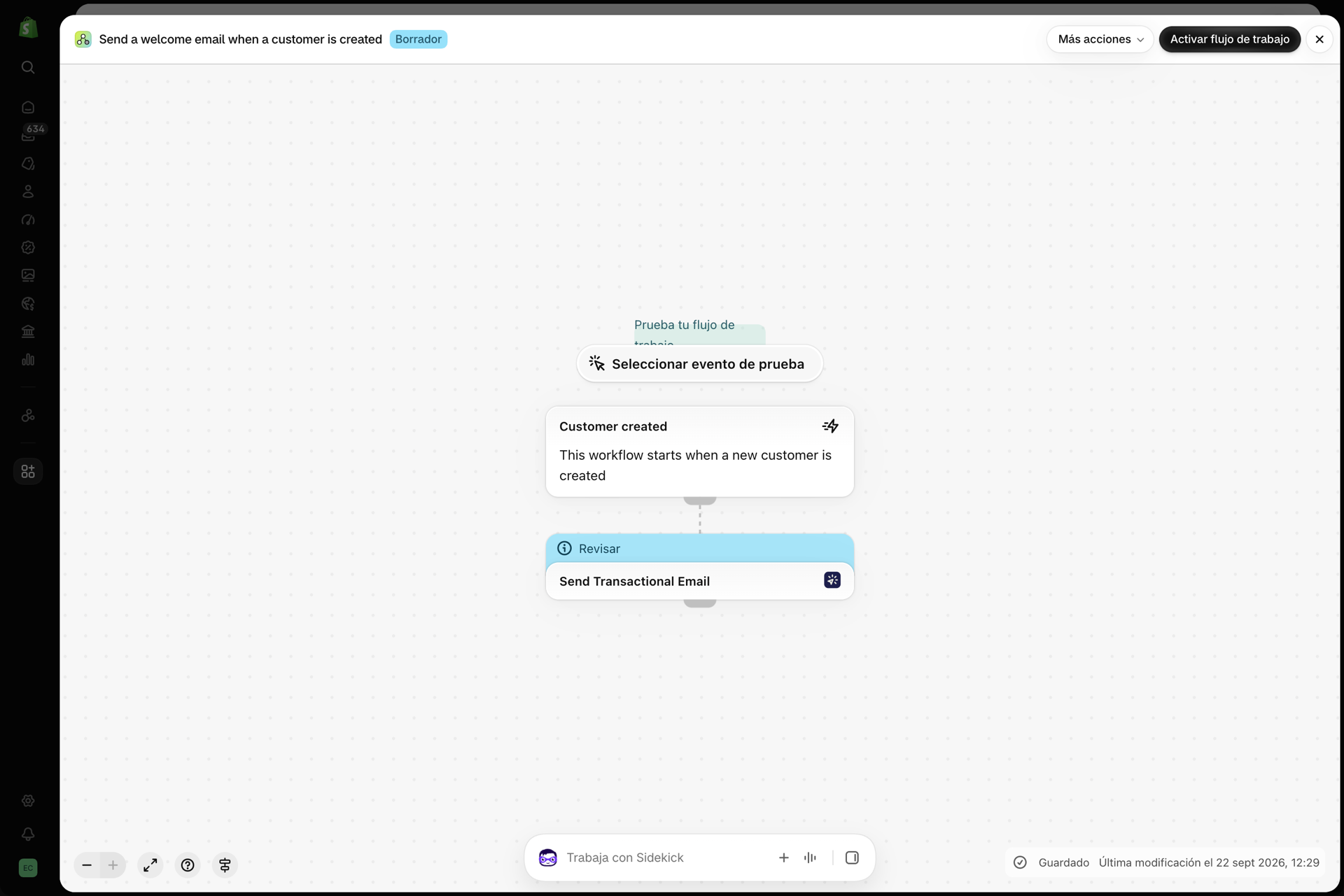 El flujo de trabajo en Shopify Flow: Enviar un correo electrónico de bienvenida cuando se crea un cliente