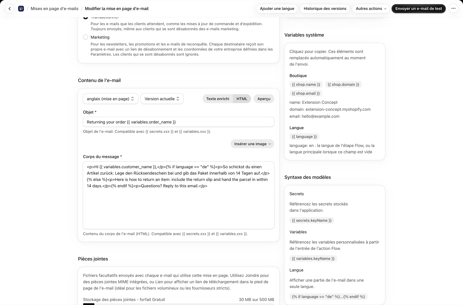 Une mise en page HTML dont le corps utilise la condition « if language equals de », à côté de la fiche « Variables système » répertoriant la variable de langue