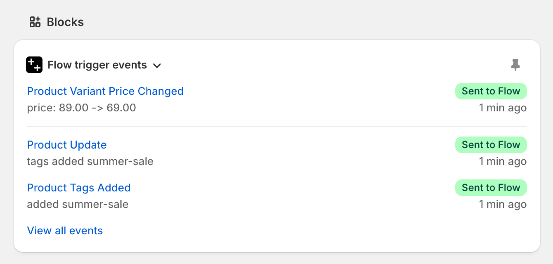The Flow trigger events block on a product page: a price change from 89.00 to 69.00 and the tag summer-sale added