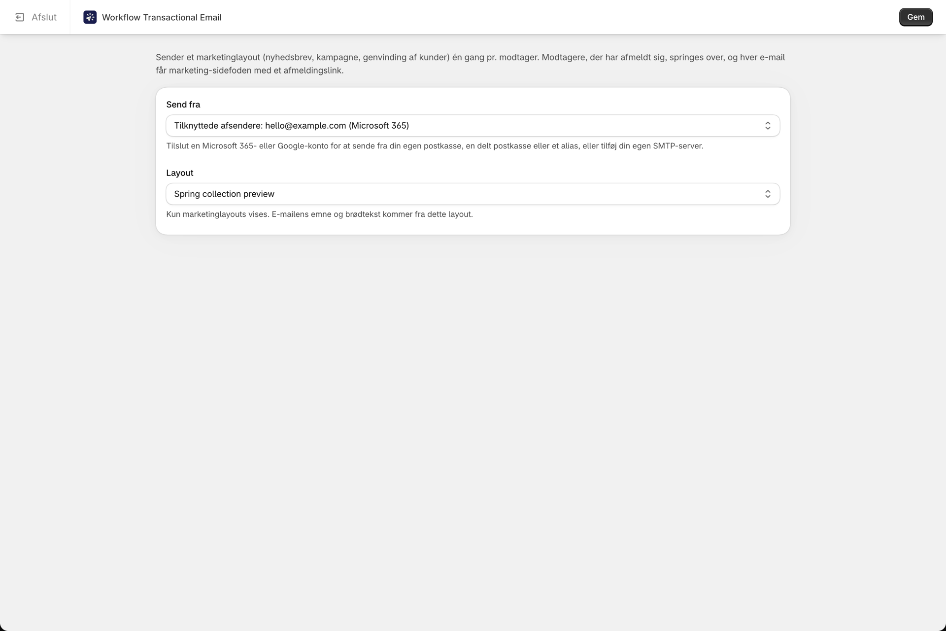 Konfigurationssiden »Send marketing-e-mail« med en afsender og et marketinglayout valgt