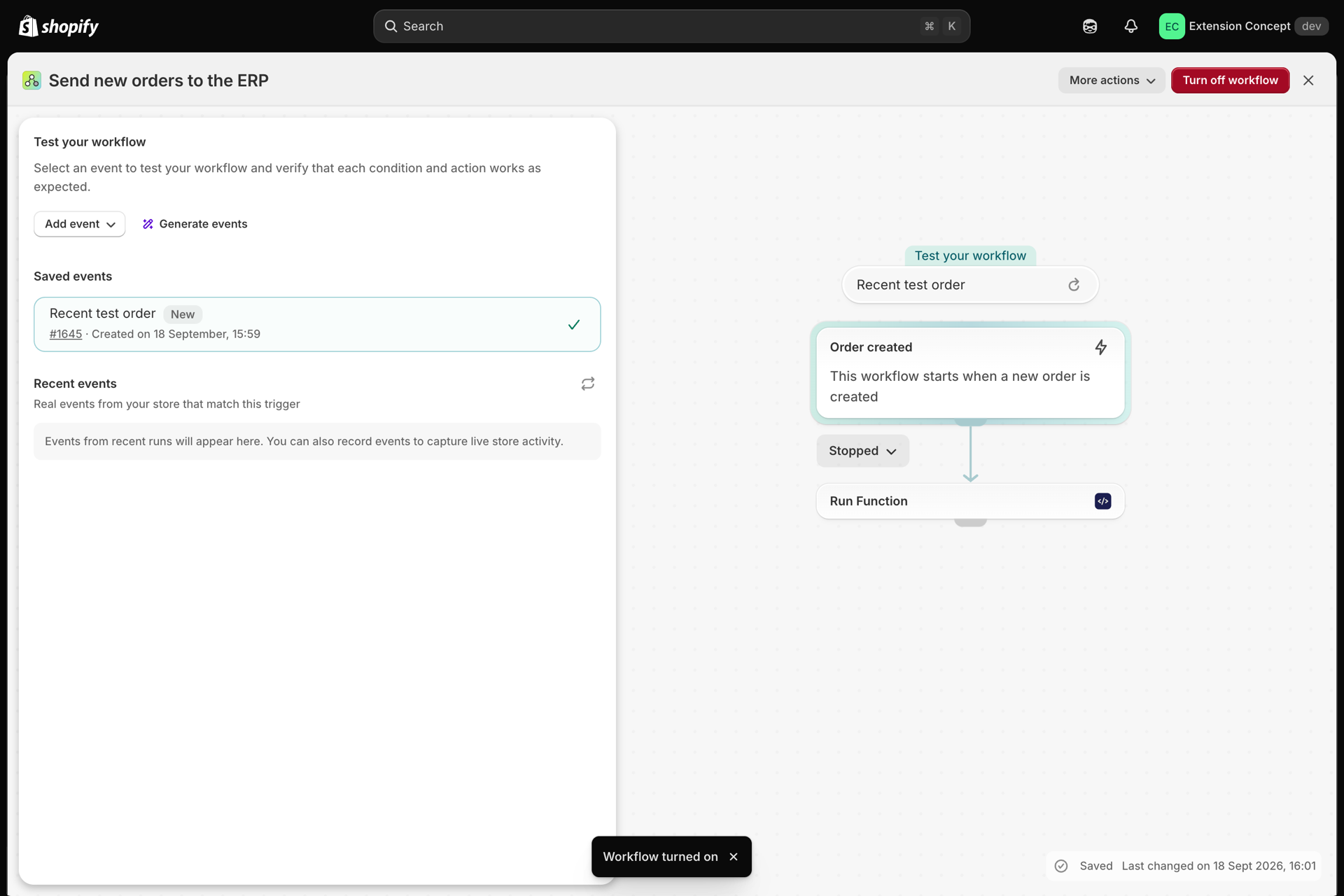 The workflow Send new orders to the ERP turned on in Shopify Flow