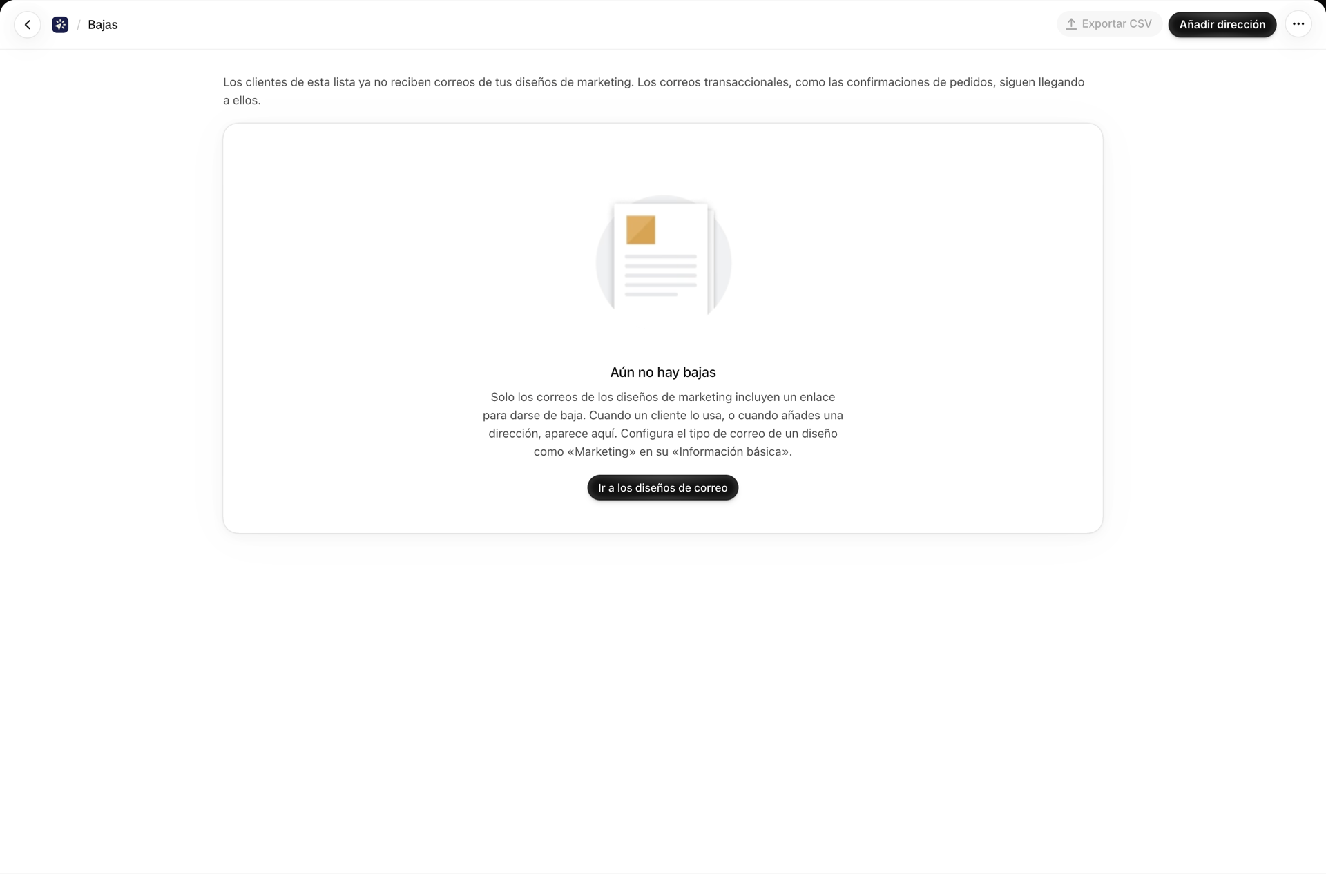 La página «Darse de baja», en la que se muestra una dirección que se ha dado de baja, con las opciones «Volver a suscribirse» y «Exportar a CSV»