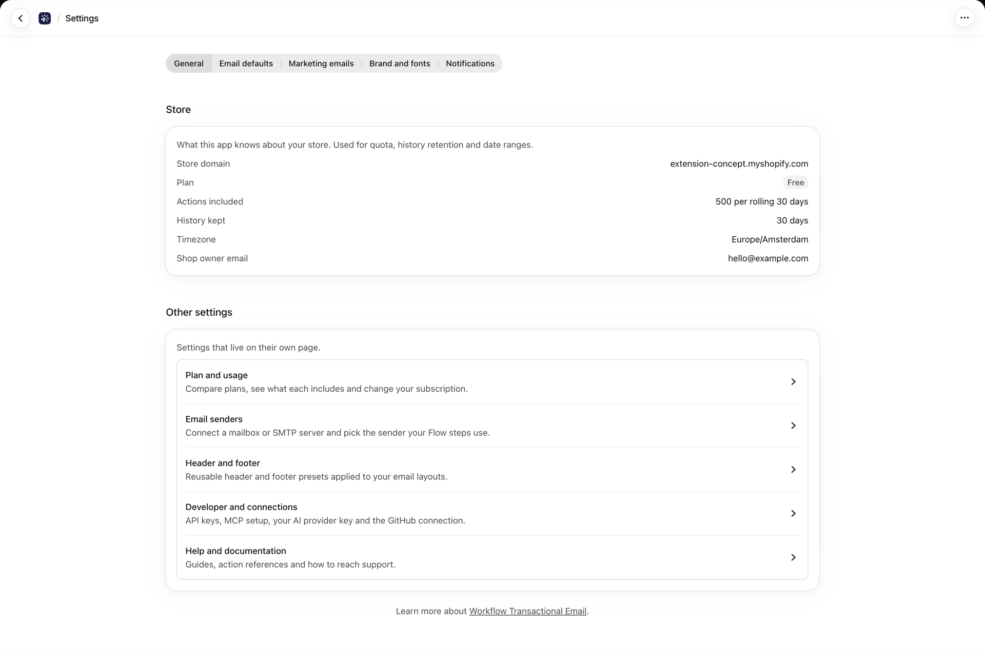 The General tab of Settings with the store facts and links to the other settings pages