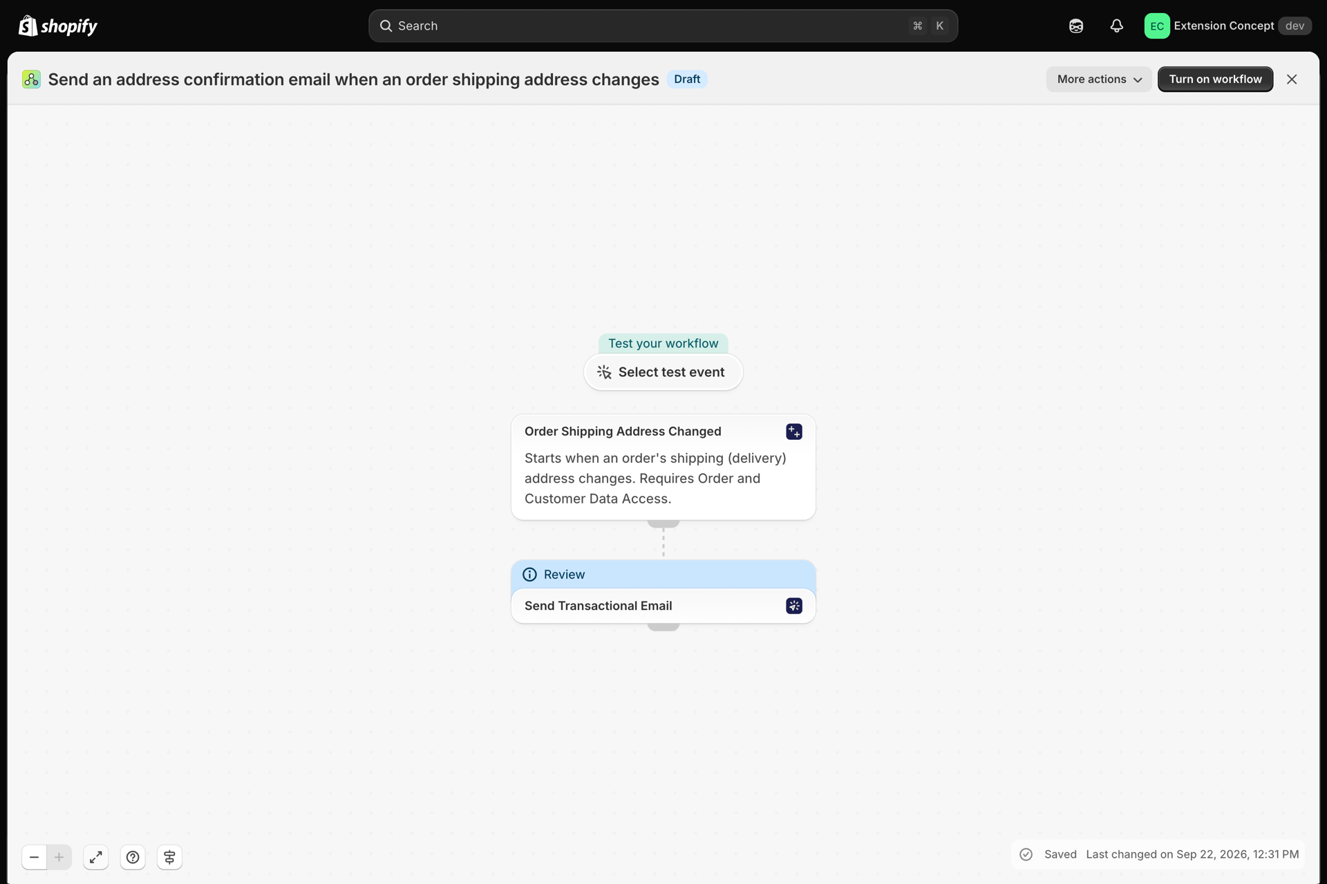 Der Workflow in Shopify Flow: Versenden Sie eine E-Mail zur Adressbestätigung, wenn sich die Lieferadresse einer Bestellung ändert