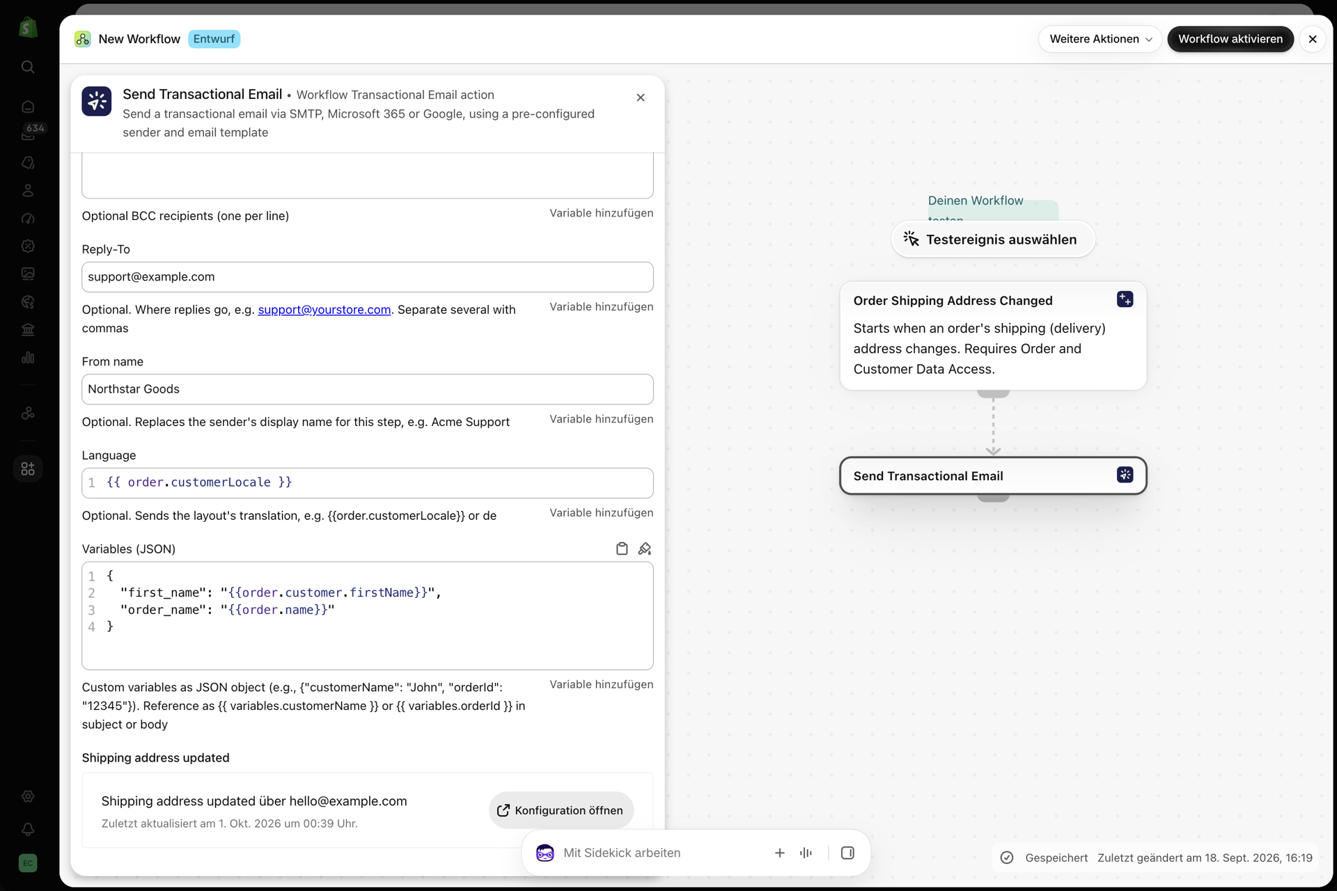 Die Aktion „Transaktions-E-Mail senden“ in Shopify Flow mit den Feldern „Antwort an“, „Absendername“, „Sprache“ (eingestellt auf „order.customerLocale“) und „Variablen“
