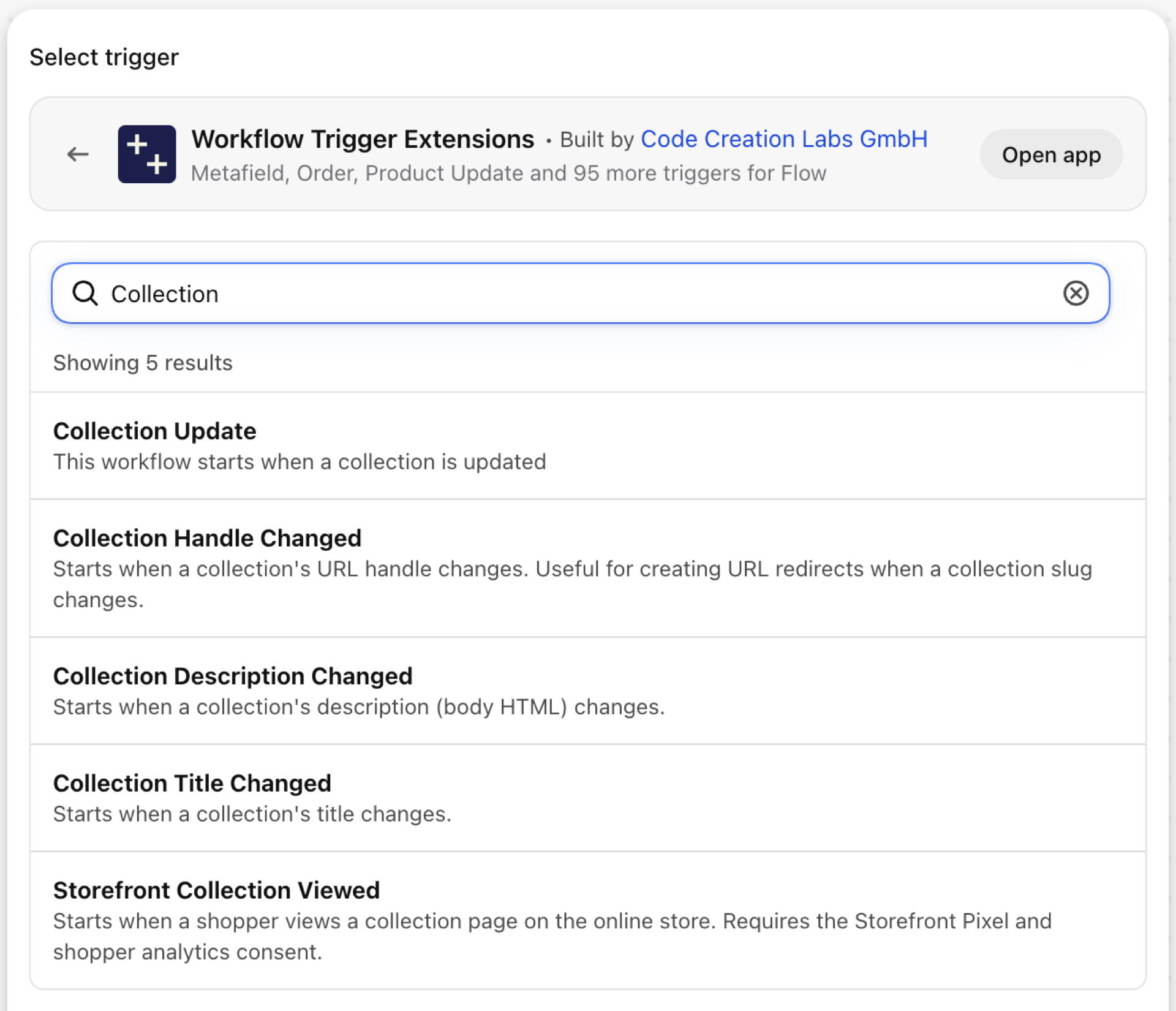 Shopify Flow's trigger picker inside Workflow Trigger Extensions, searched for Collection
