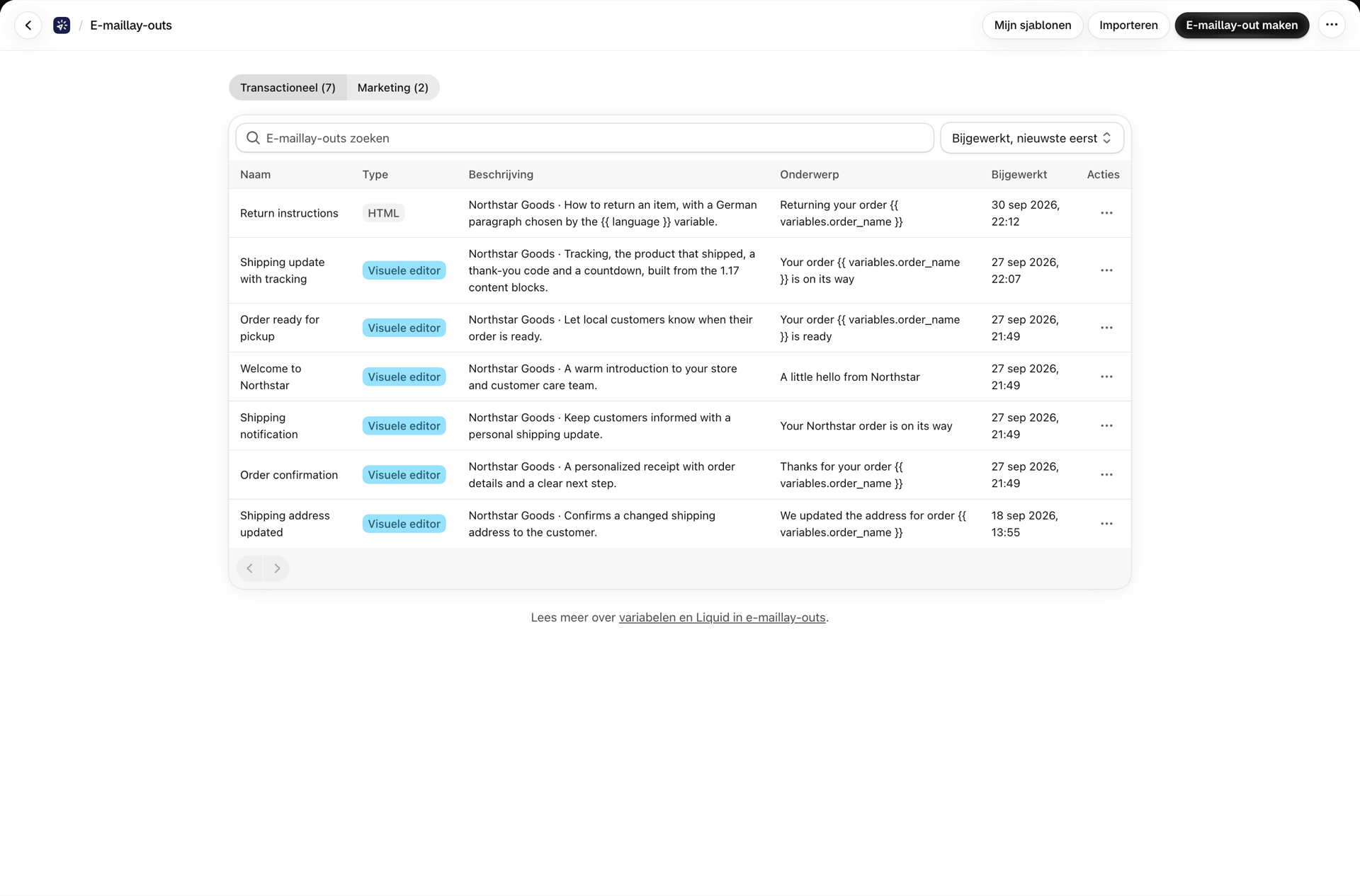 De pagina ‘E-mailontwerpen’ met de tabbladen ‘Transactioneel’ en ‘Marketing’