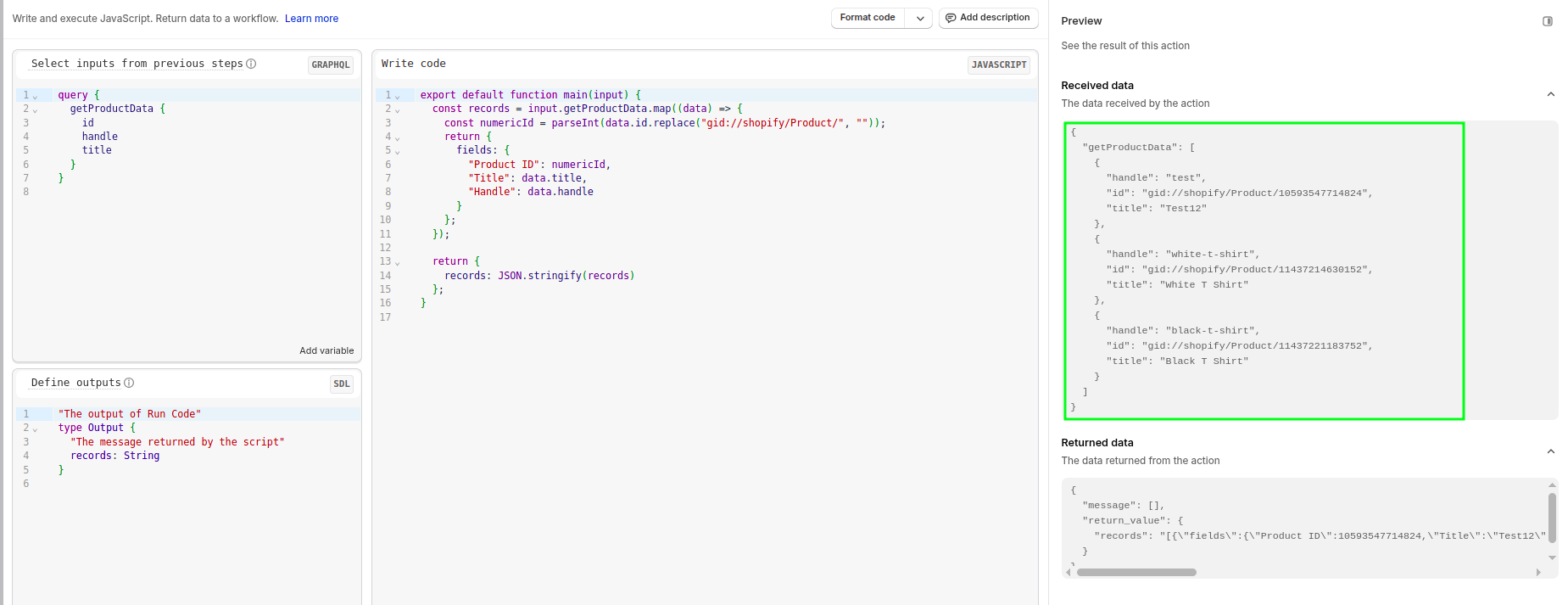 Previewing the Run code output