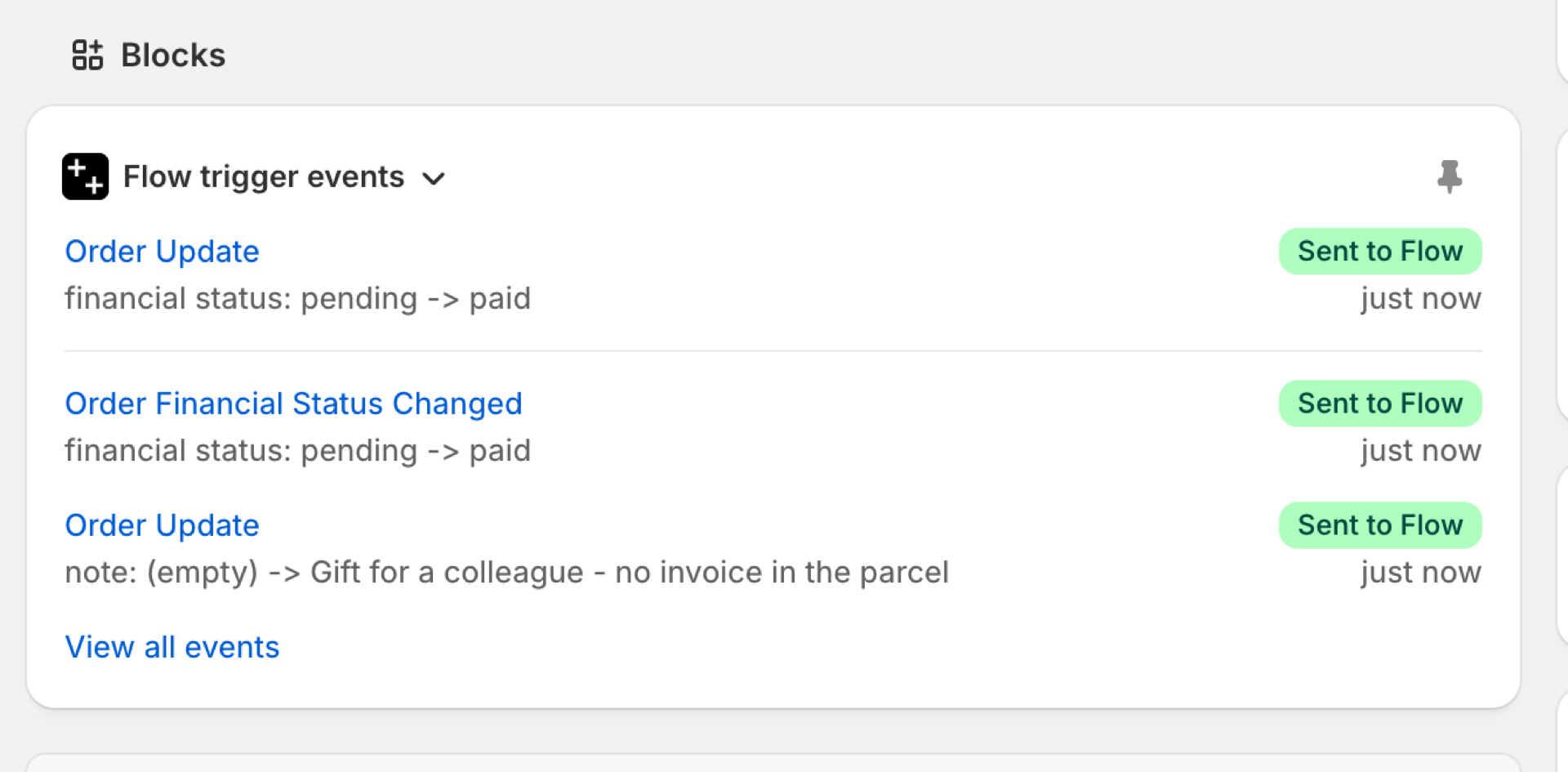 The Flow trigger events block on an order page: financial status pending to paid, and a note added