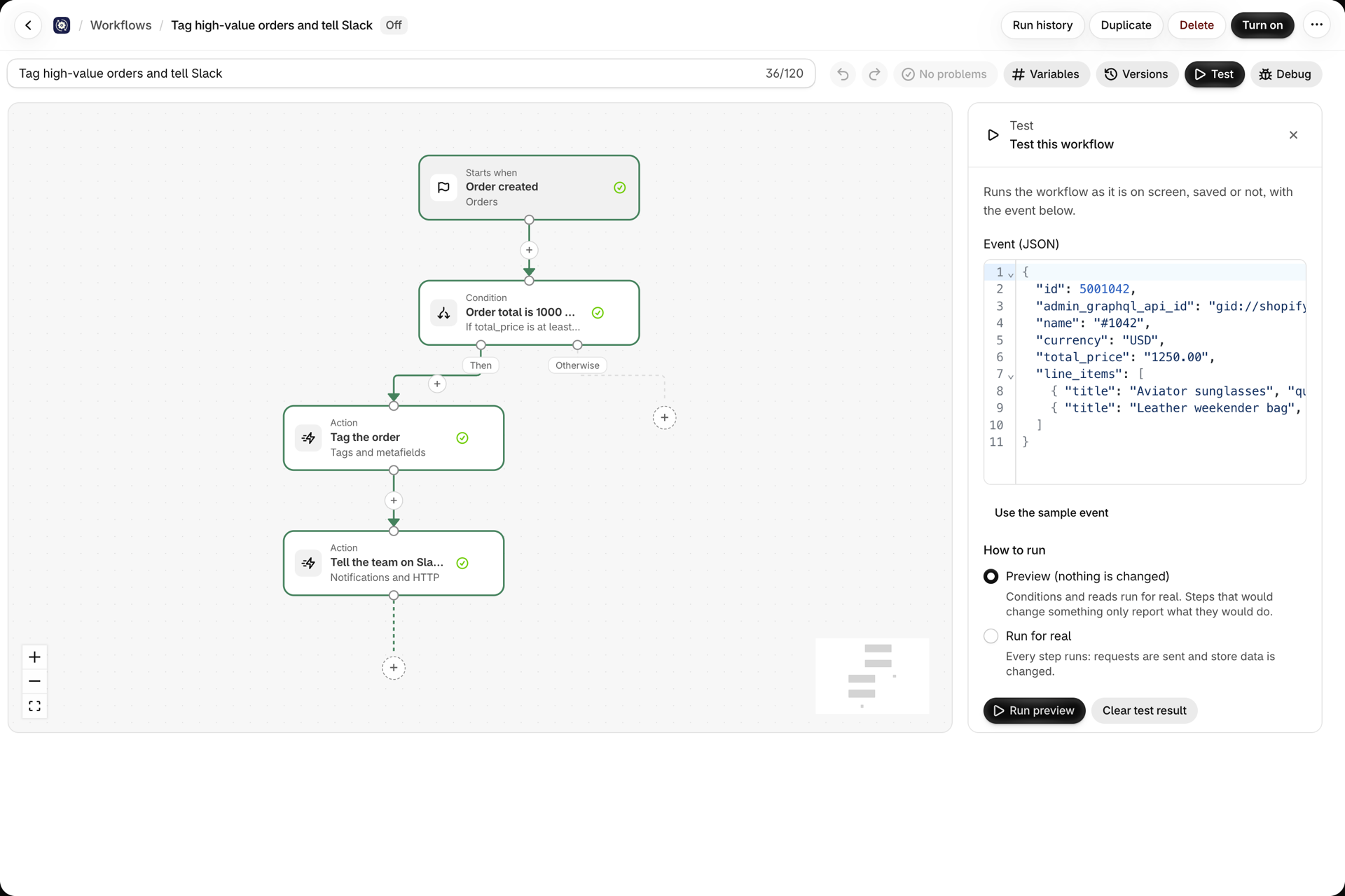 The canvas after Run preview: the trigger, the condition, Tag the order and Tell the team on Slack carry a green check, the Test panel shows the edited event