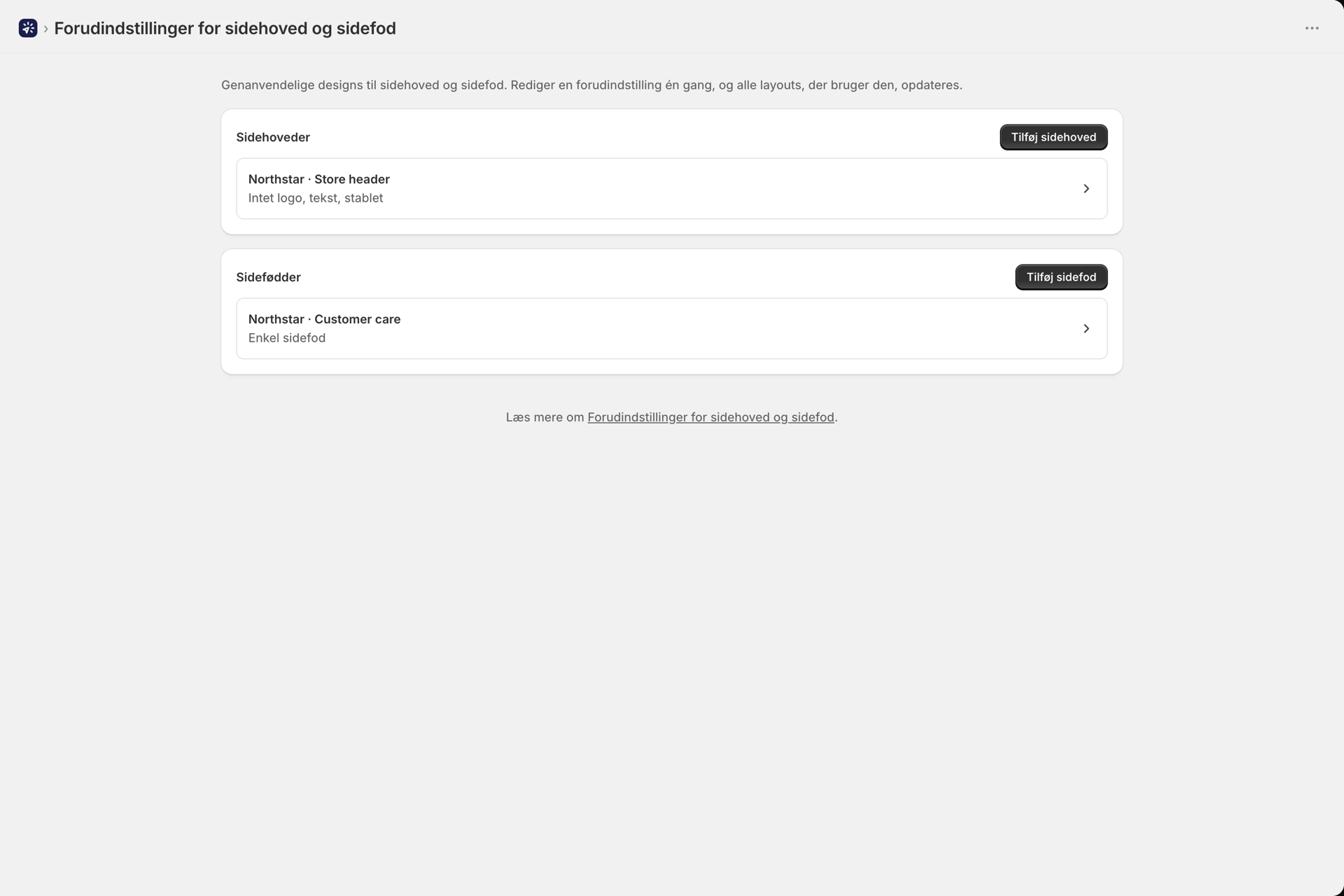 Siden »Overskrift og sidefod« med en oversigt over delte forudindstillinger