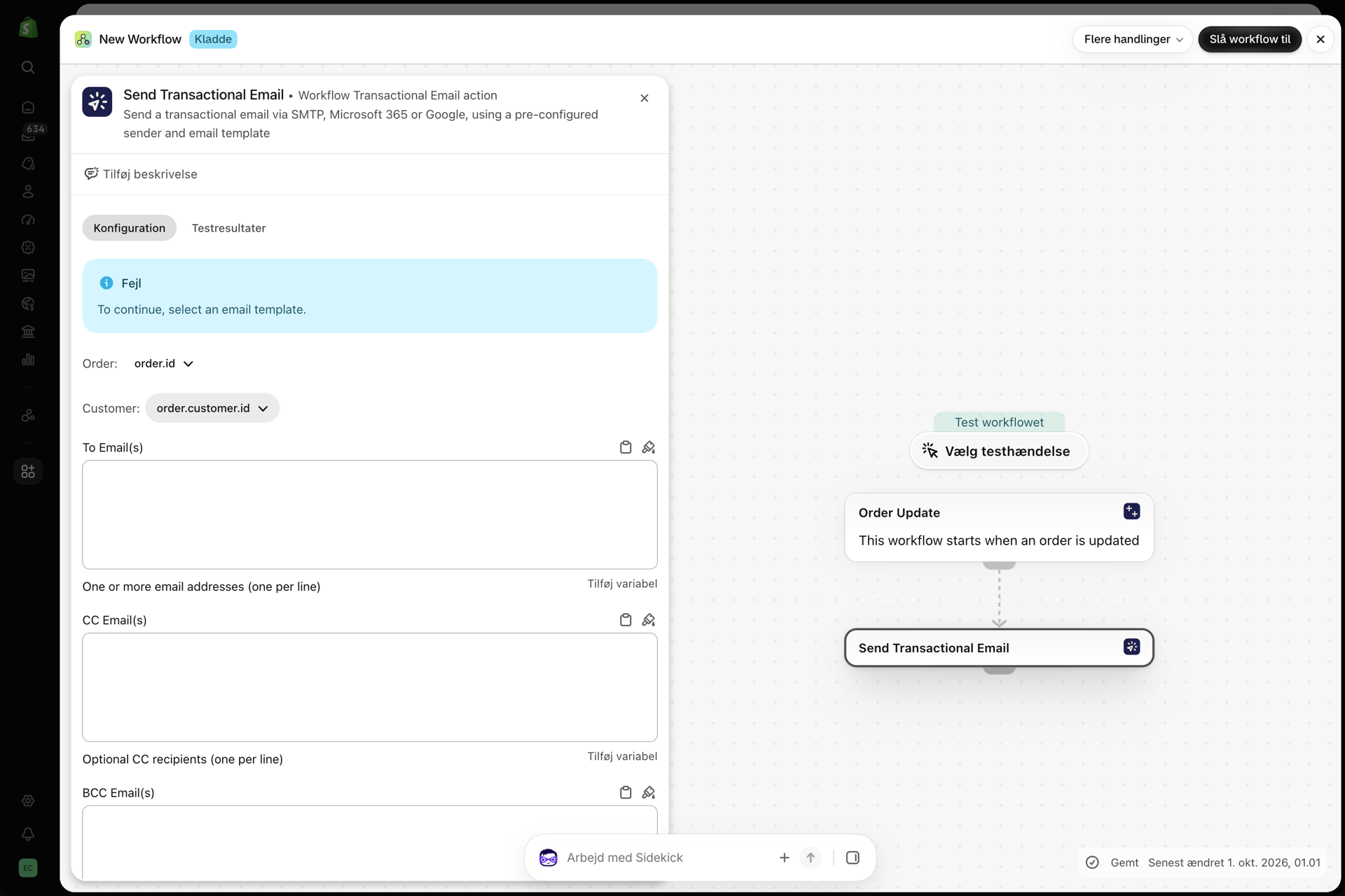 Et nyligt tilføjet trin »Send transaktions-e-mail« i Shopify Flow, hvor feltet »Order« er indstillet til »order.id« og feltet »Customer« til »order.customer.id«, placeret over felterne »Til«, »CC« og »BCC«