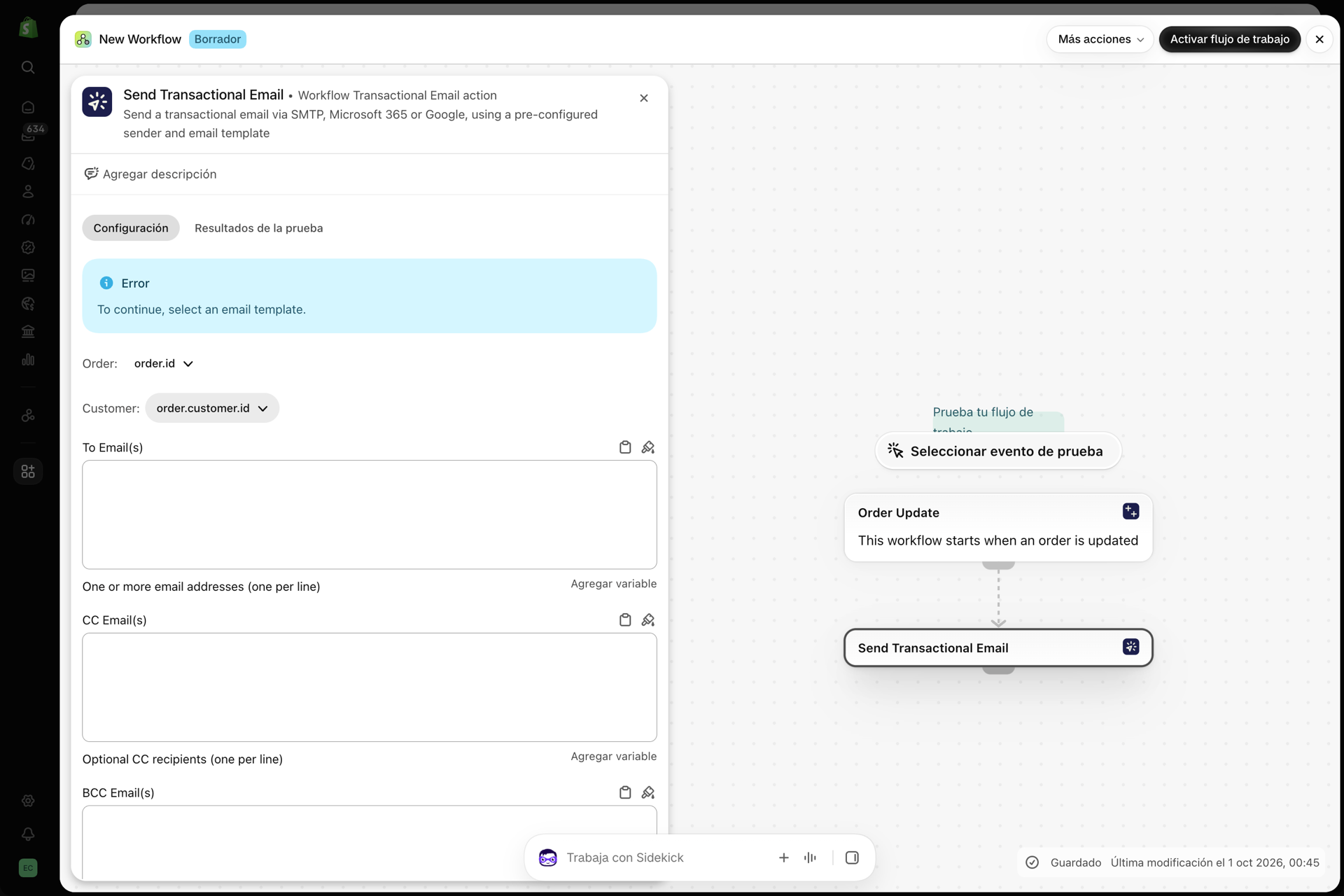 Un paso «Enviar correo electrónico transaccional» recién añadido en Shopify Flow, con el campo «Pedido» configurado como «order.id» y el campo «Cliente» como «order.customer.id», situado encima de los campos «Para», «CC» y «CCO»