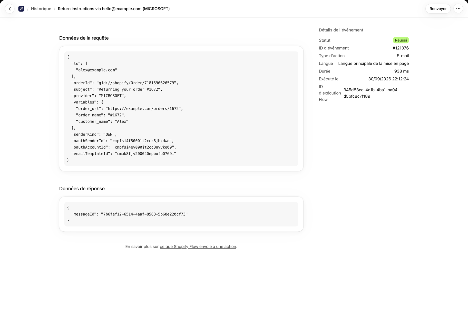Un événement « History » correspondant à un e-mail contenant les instructions de retour, dont les données de requête comportent l'« orderId » de la commande à partir de laquelle la facture a été lue