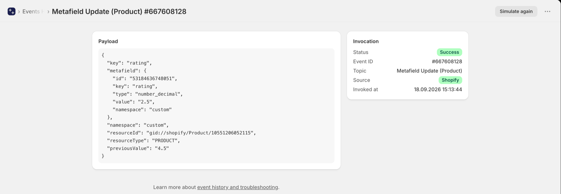 An event in Event History: Metafield Update for a product, value 2.5 and previousValue 4.5
