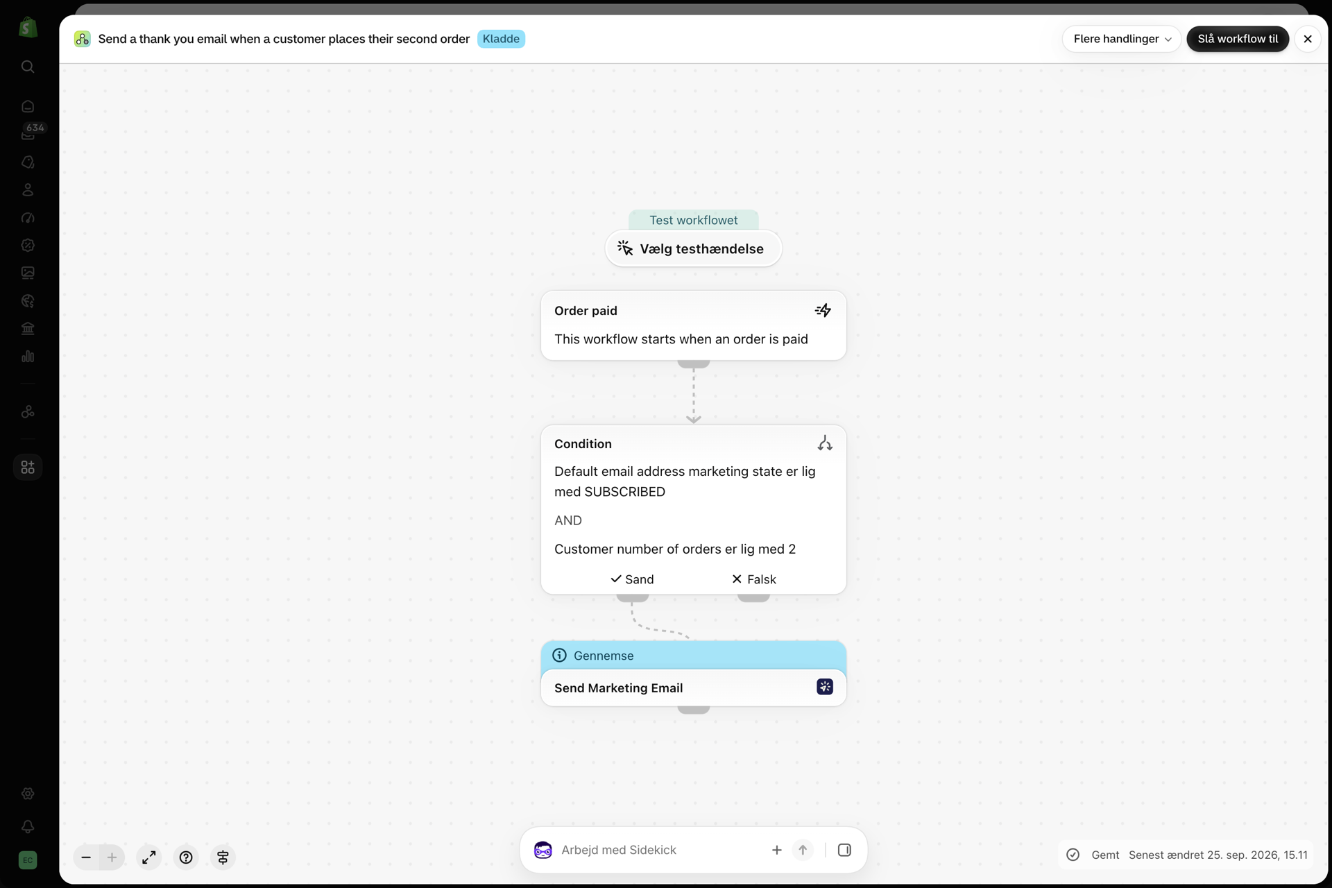 Arbejdsgangen i Shopify Flow: Send en takkemail, når en kunde afgiver sin anden ordre