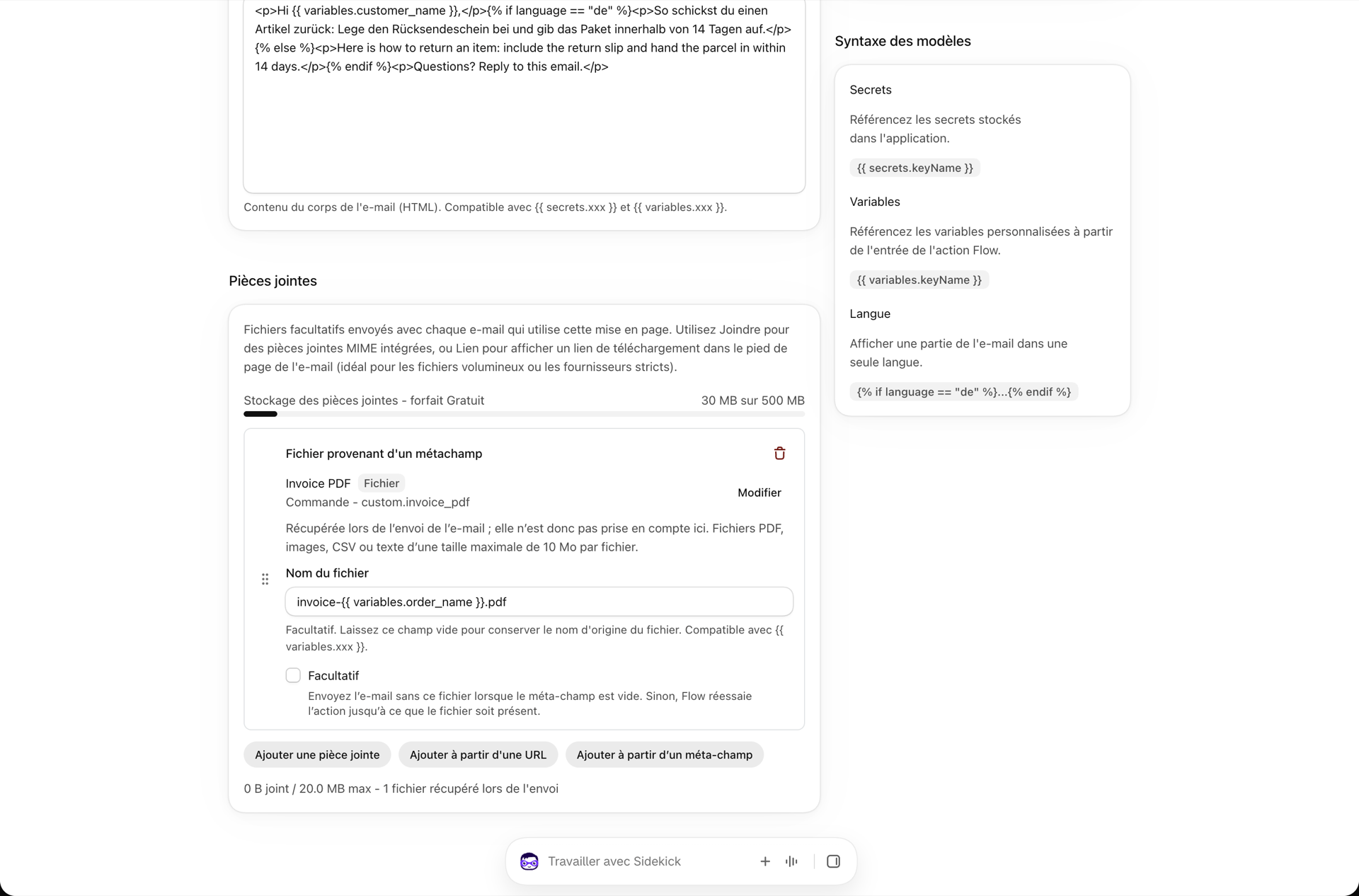 La fiche « Pièces jointes » d'une mise en page en texte enrichi, avec les boutons « Ajouter une pièce jointe », « Ajouter à partir d'une URL » et « Ajouter à partir d'un métachamp »