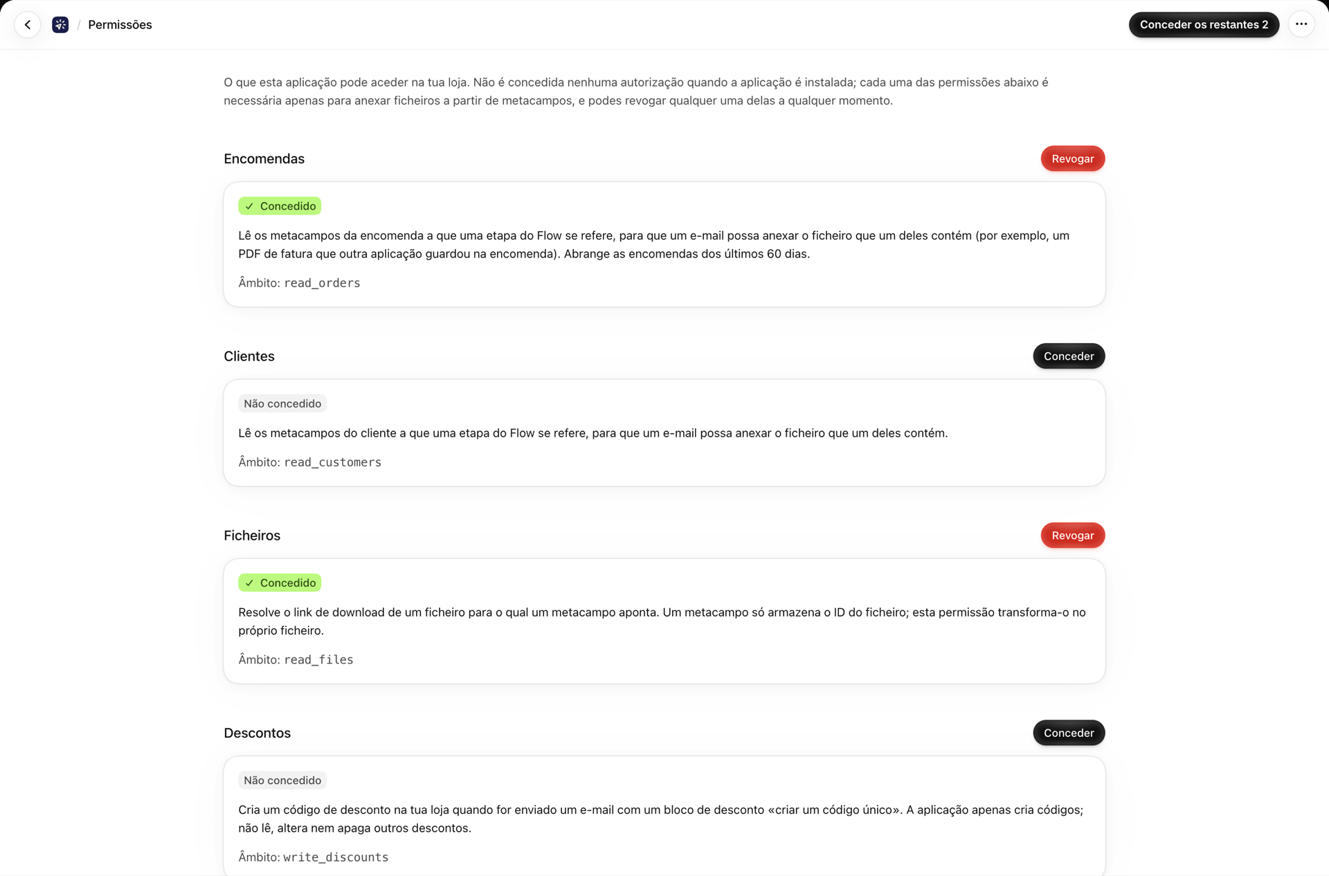 A página «Permissões», que apresenta «Pedidos» e «Ficheiros» como «Concedidos», com botões «Revogar», e «Clientes» e «Descontos» como «Não concedidos», com botões «Conceder», cada um com o seu âmbito