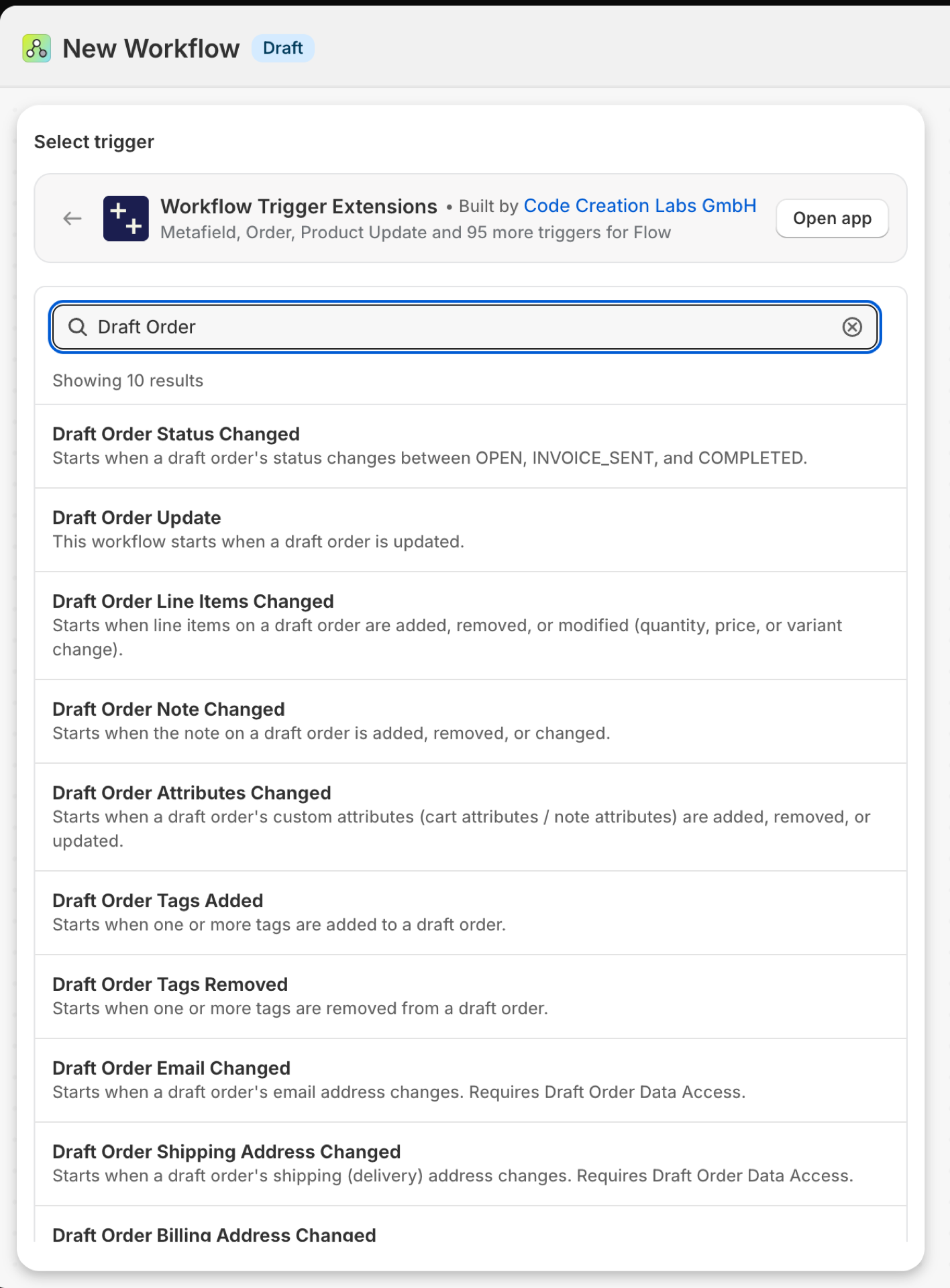 Shopify Flow's trigger picker inside Workflow Trigger Extensions, searched for Draft Order