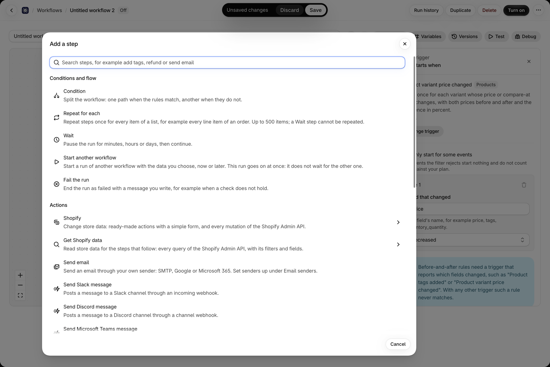 The Add a step window: a search box, the group Conditions and flow with Condition, Repeat for each, Wait, Start another workflow and Fail the run, and the start of the Actions group with Shopify, Get Shopify data and Send email