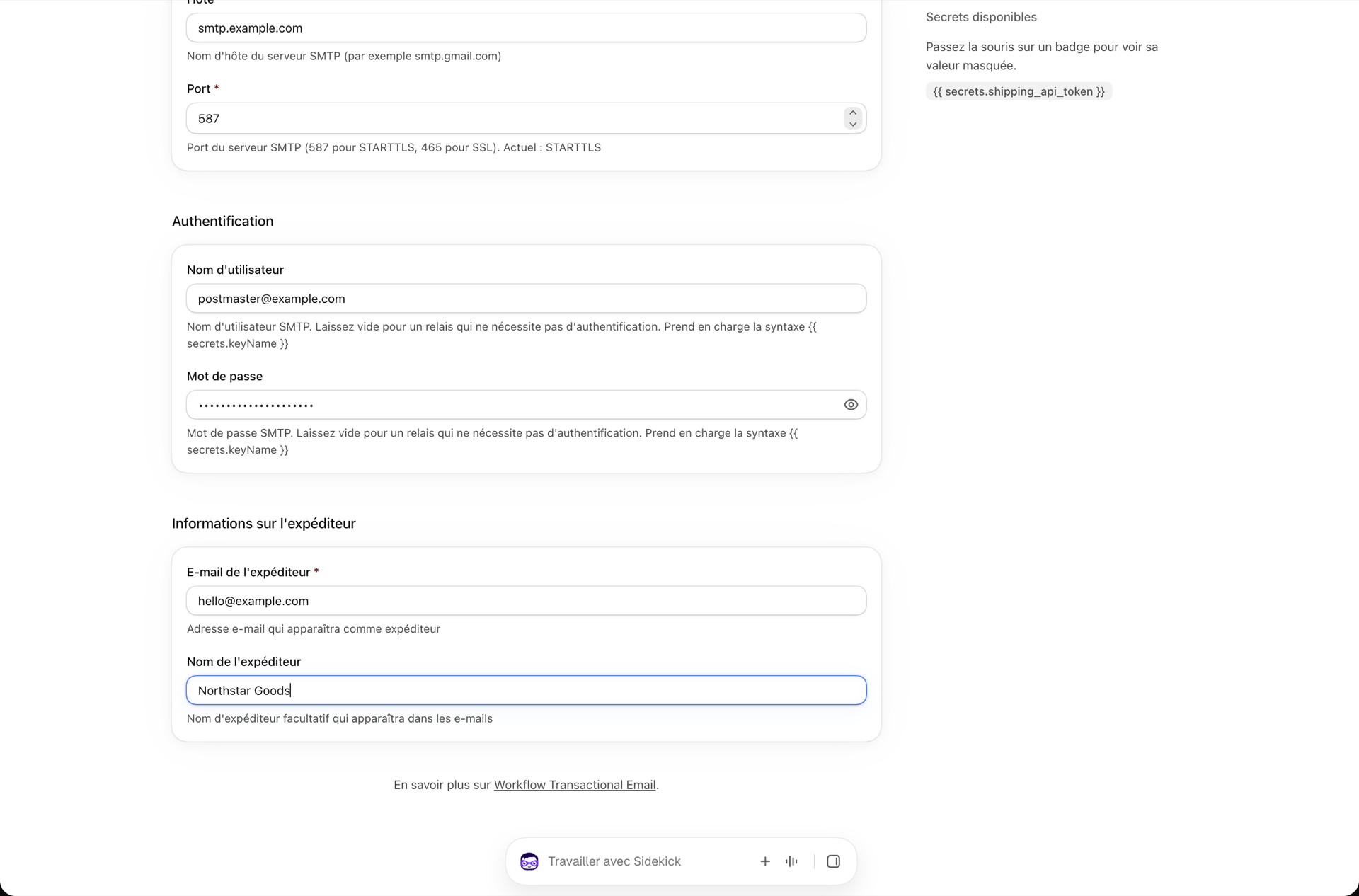 La partie inférieure du formulaire du serveur SMTP, comprenant le nom d'utilisateur, le mot de passe et l'adresse de l'expéditeur