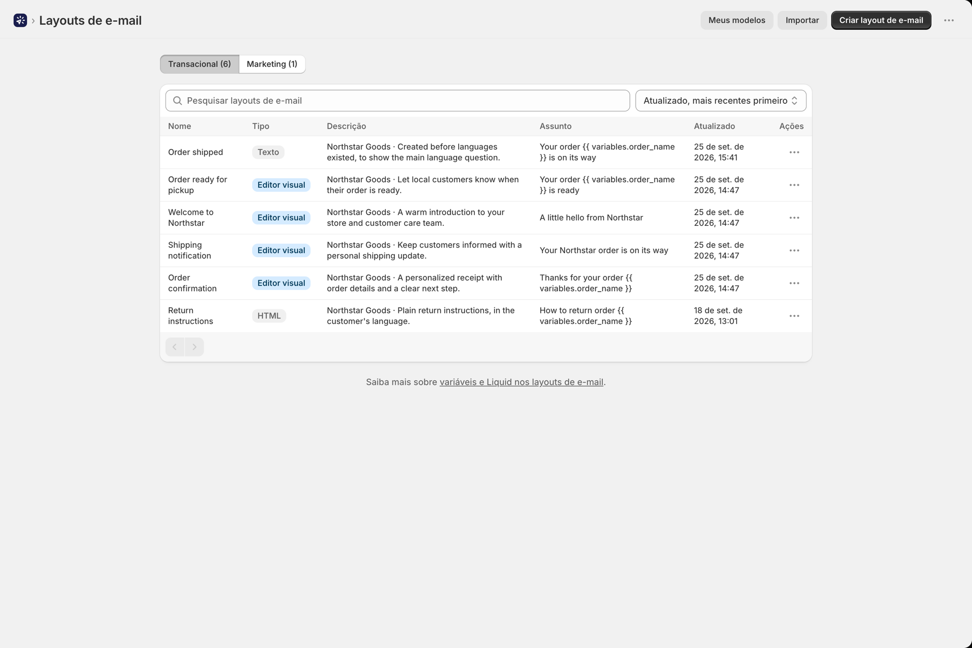 A página “Layouts de e-mail”, com suas guias “Transacional” e “Marketing”