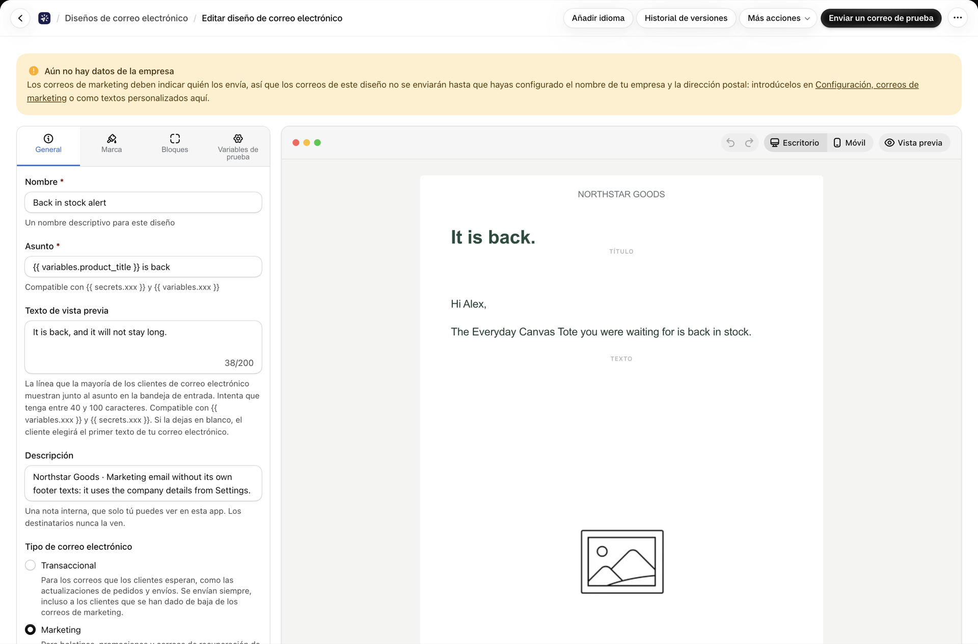 Una plantilla de marketing en el editor visual con el banner de advertencia «Aún no hay datos de la empresa» situado encima.