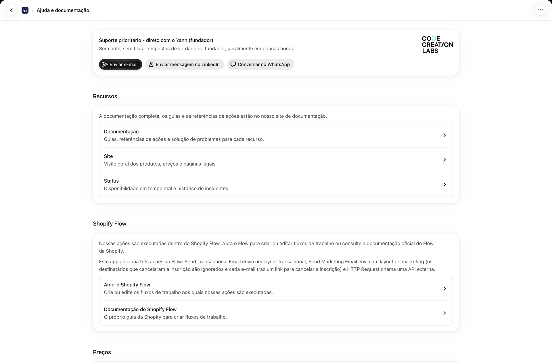A página de Ajuda e Documentação, com suporte prioritário, recursos, Shopify Flow e preços