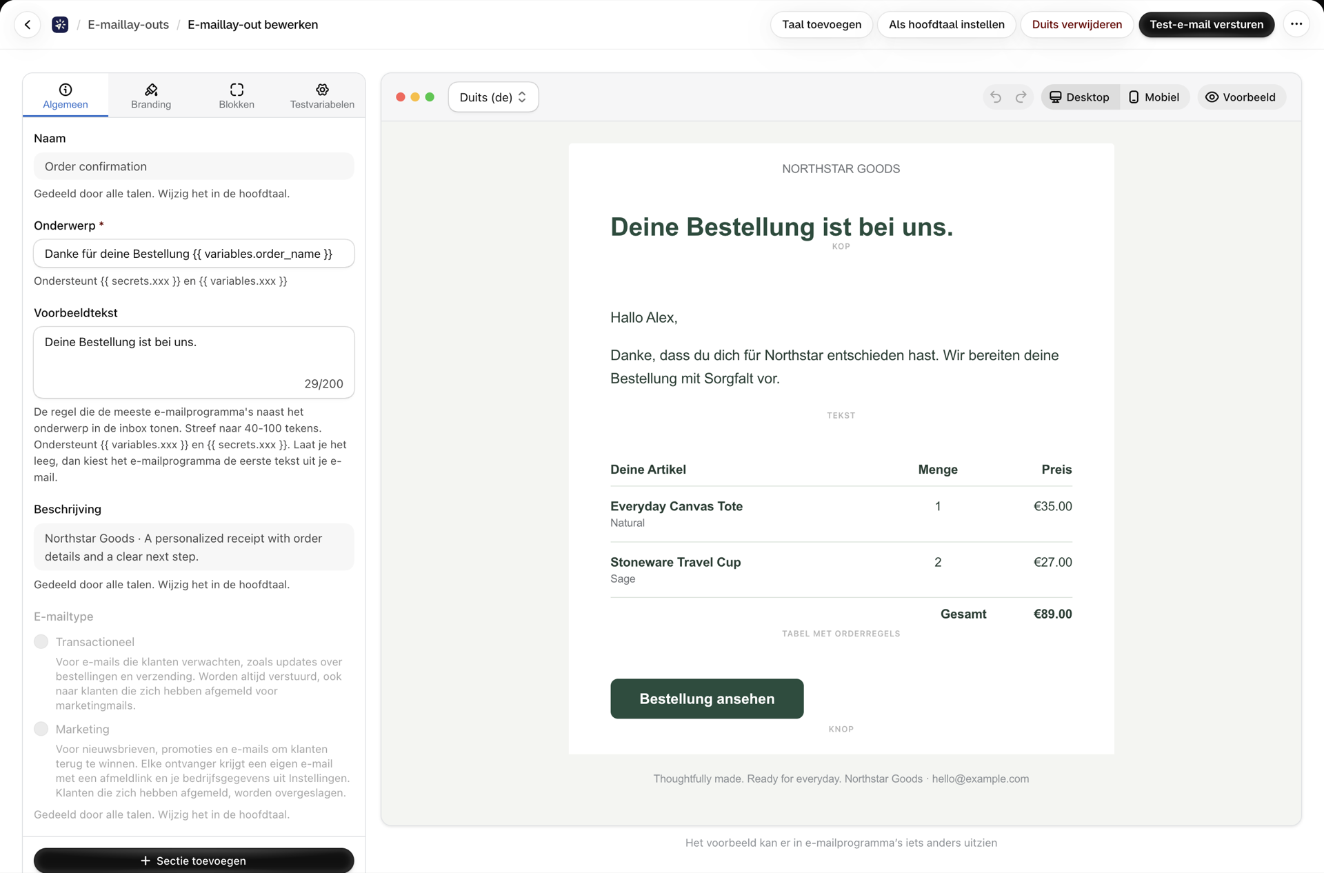 De visuele builder waarin de Duitse versie van een bestellingsevaluatie wordt weergegeven