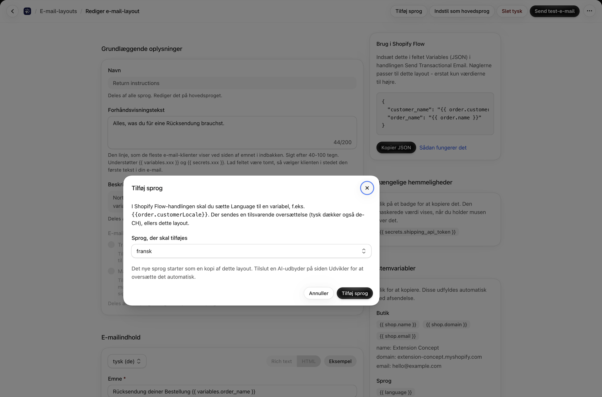 Dialogboksen »Tilføj sprog« i et e-mail-layout, hvor tysk er valgt