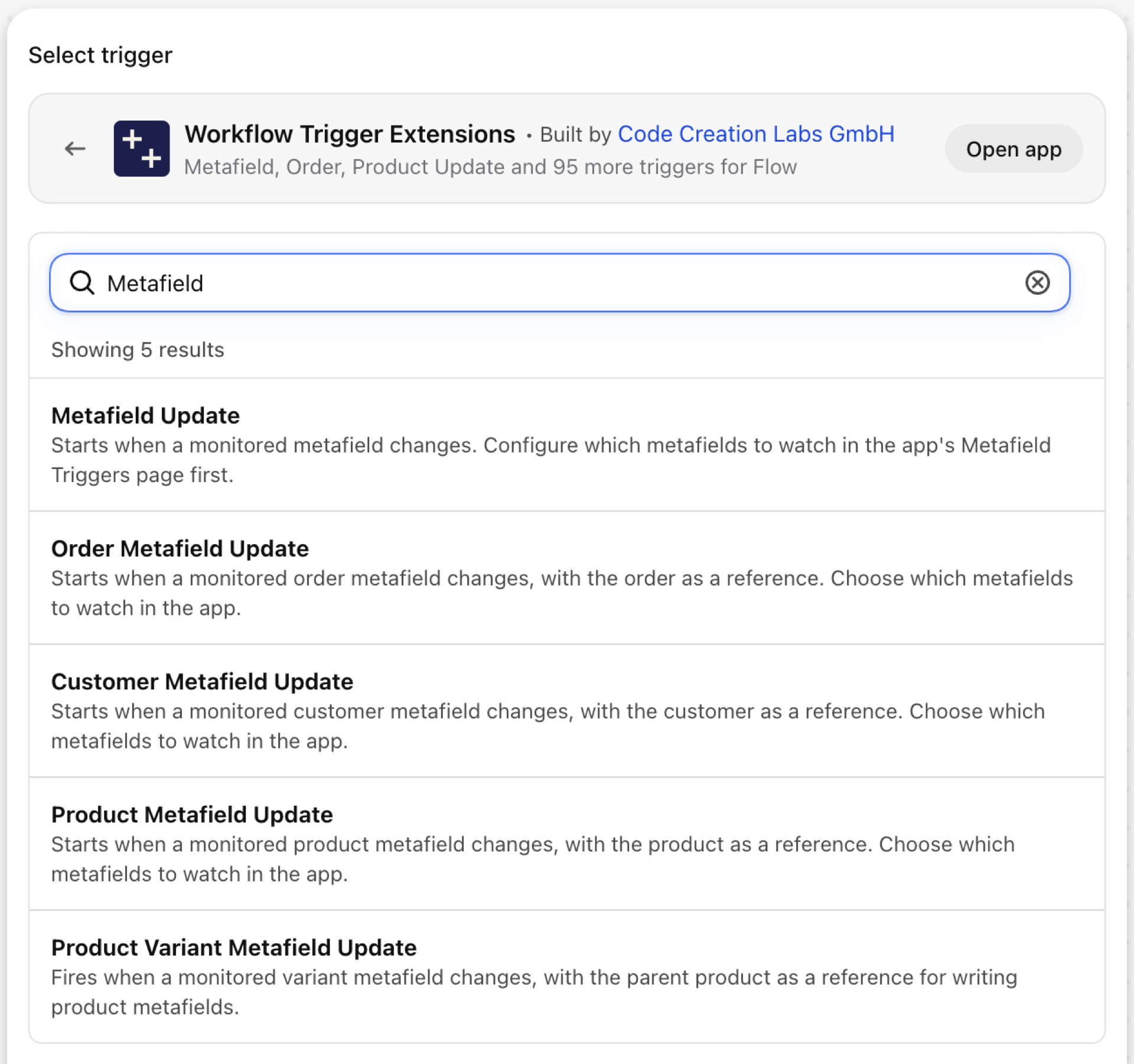 Shopify Flow's trigger picker inside Workflow Trigger Extensions, searched for Metafield