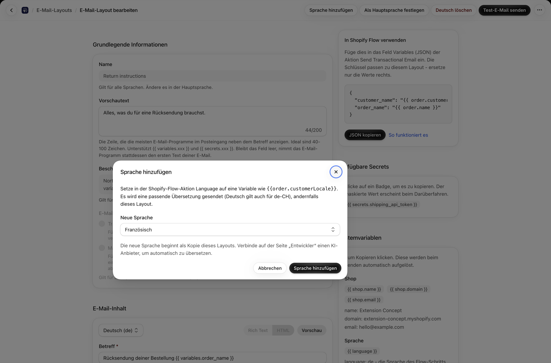 Das Dialogfeld „Sprache hinzufügen“ eines E-Mail-Layouts, bei dem „Deutsch“ ausgewählt ist