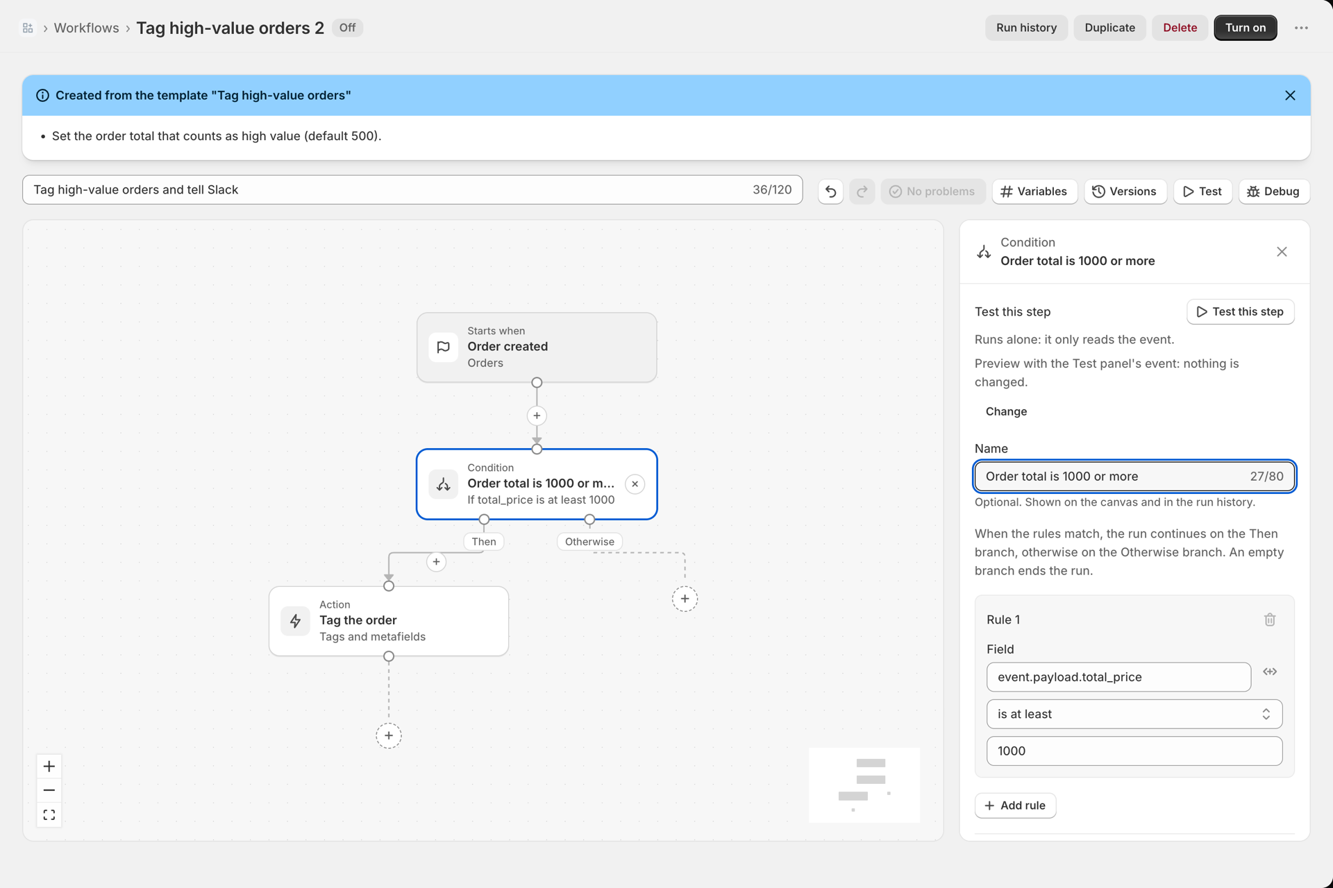 The Condition side panel: Name Order total is 1000 or more, Rule 1 with Field event.payload.total_price, comparison is at least and Value 1000, plus an Add rule button