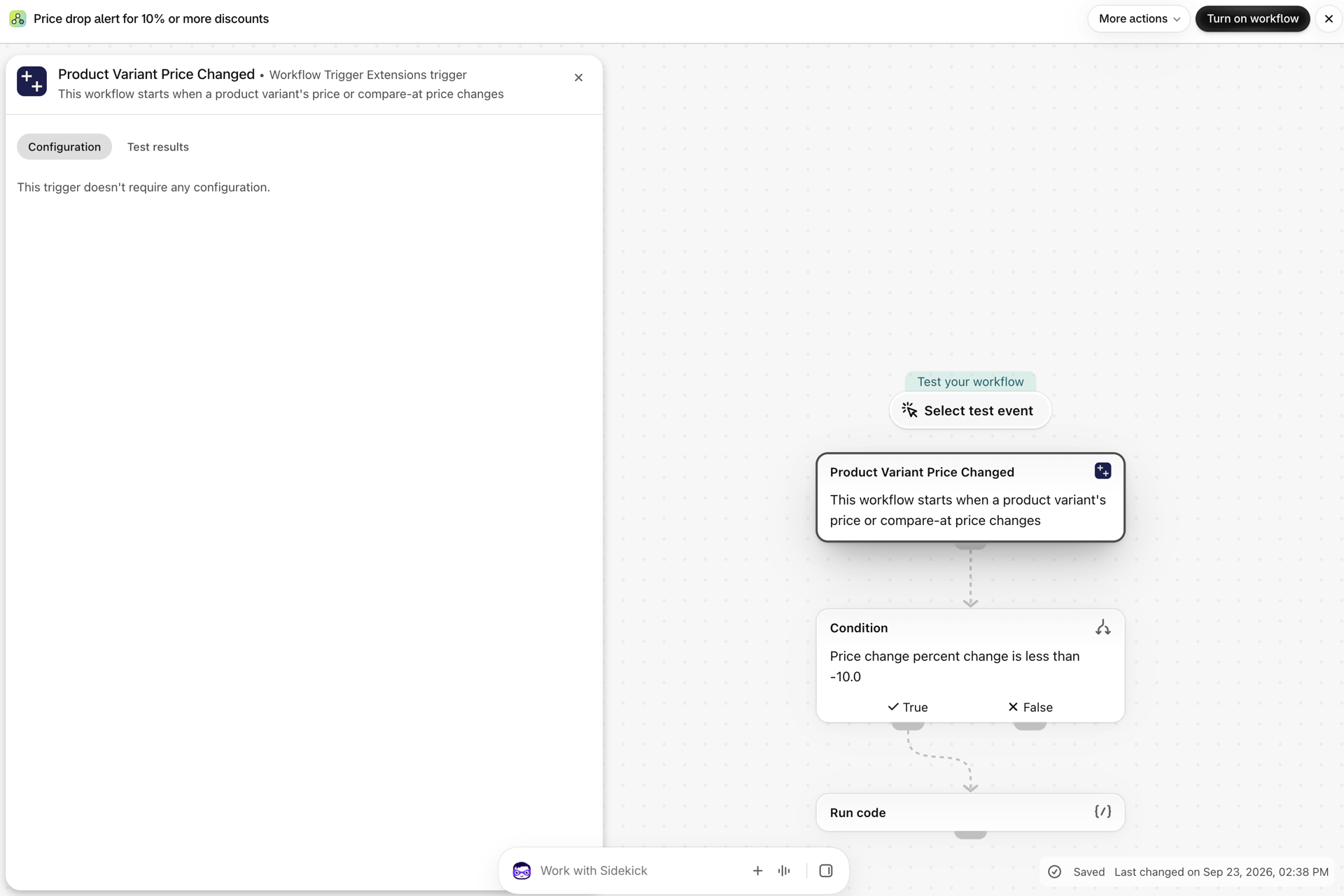 The workflow canvas with Product Variant Price Changed as its first step