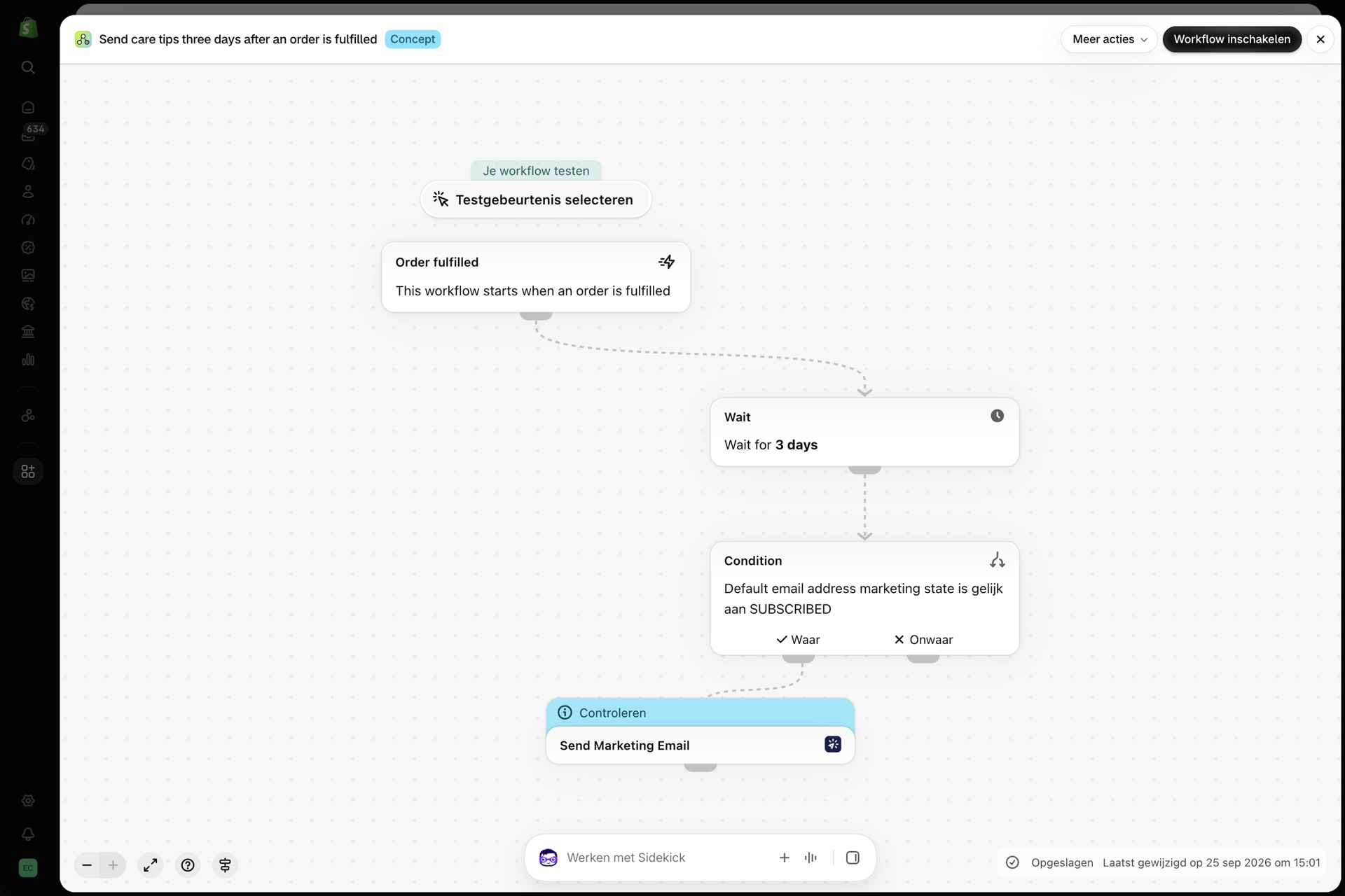 De workflow in Shopify Flow: verzend onderhoudstips drie dagen nadat de afhandeling van een bestelling is voltooid