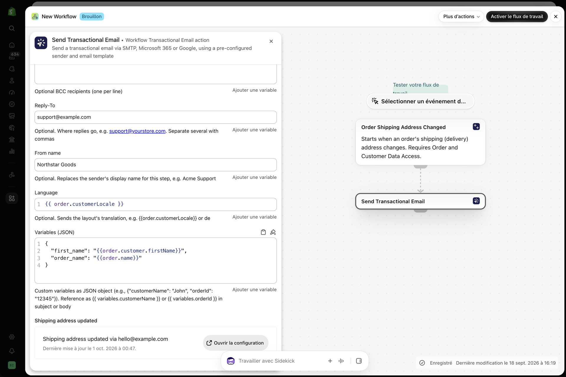 L'action « Envoyer un e-mail transactionnel » dans Shopify Flow, avec les champs « Répondre à », « Nom de l'expéditeur », la langue définie sur « order.customerLocale » et les variables
