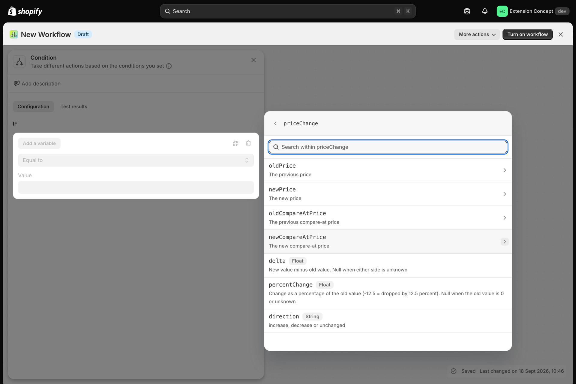 Flow's variable picker showing oldPrice, newPrice, delta, percentChange and direction under priceChange