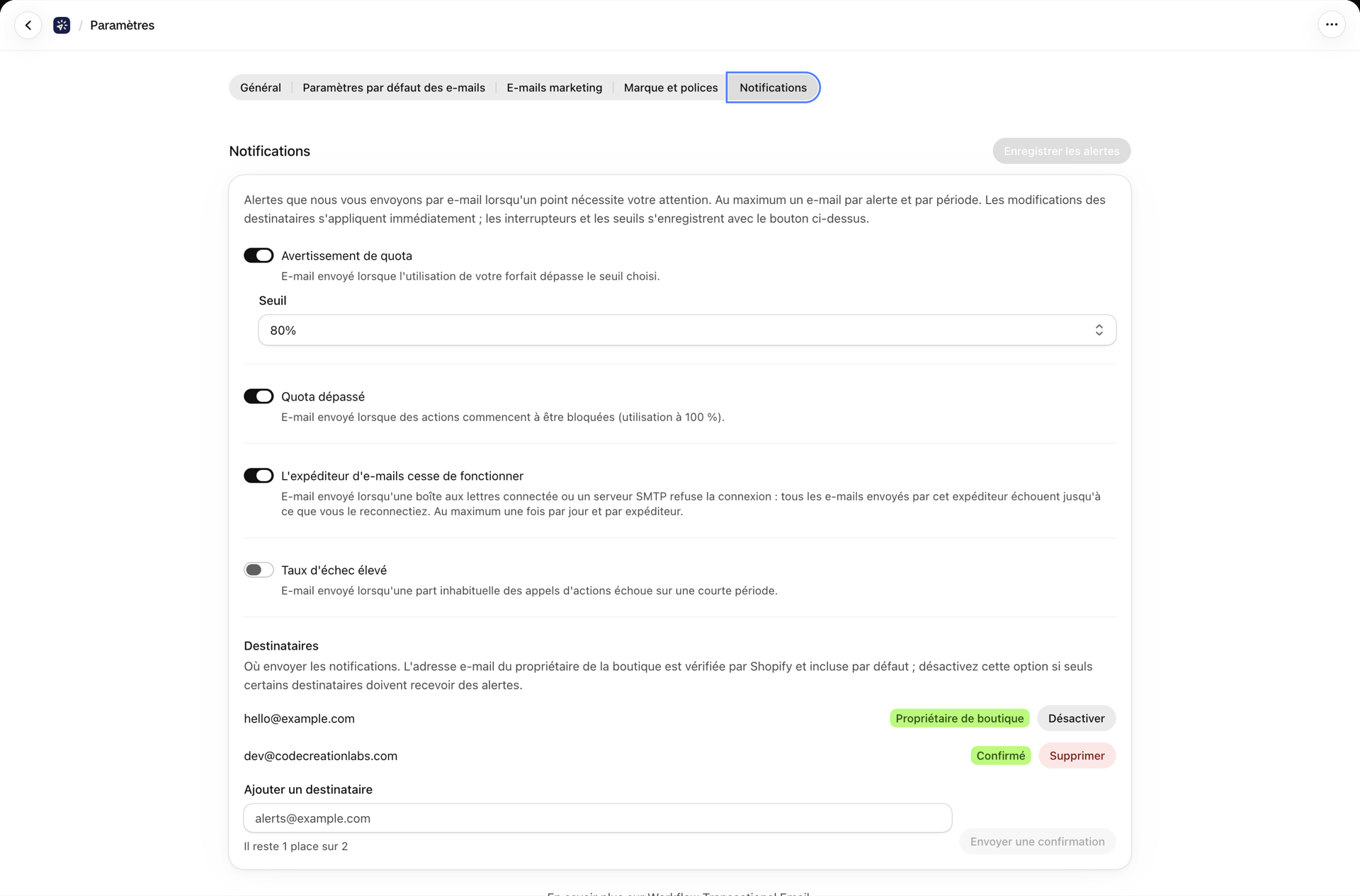 L'onglet « Notifications » dans les Paramètres, avec les quatre alertes et leurs destinataires