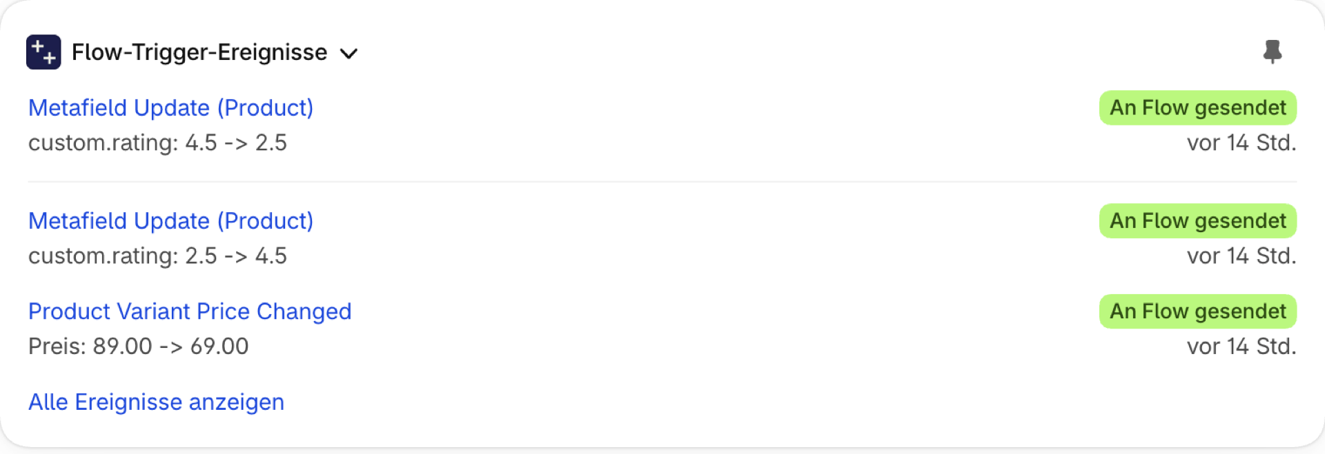 Die Shopify Flow-Trigger-Ereignisse auf einer Produktseite: Das Metafeld „Bewertung“ ändert sich von 4,5 auf 2,5 und der Preis ändert sich von 89,00 auf 69,00