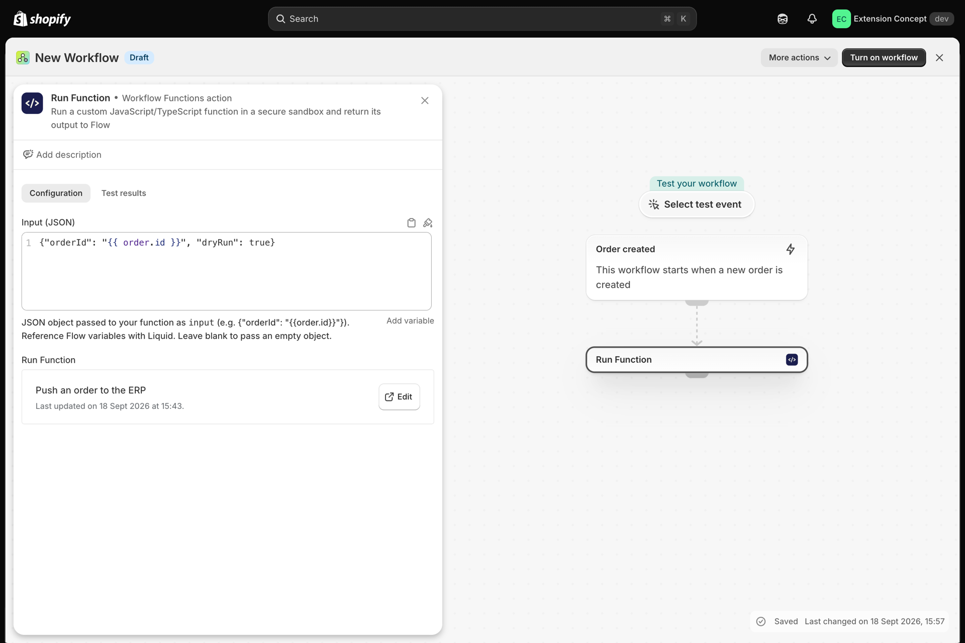The configured Run Function step with the Input JSON and the chosen function Push an order to the ERP