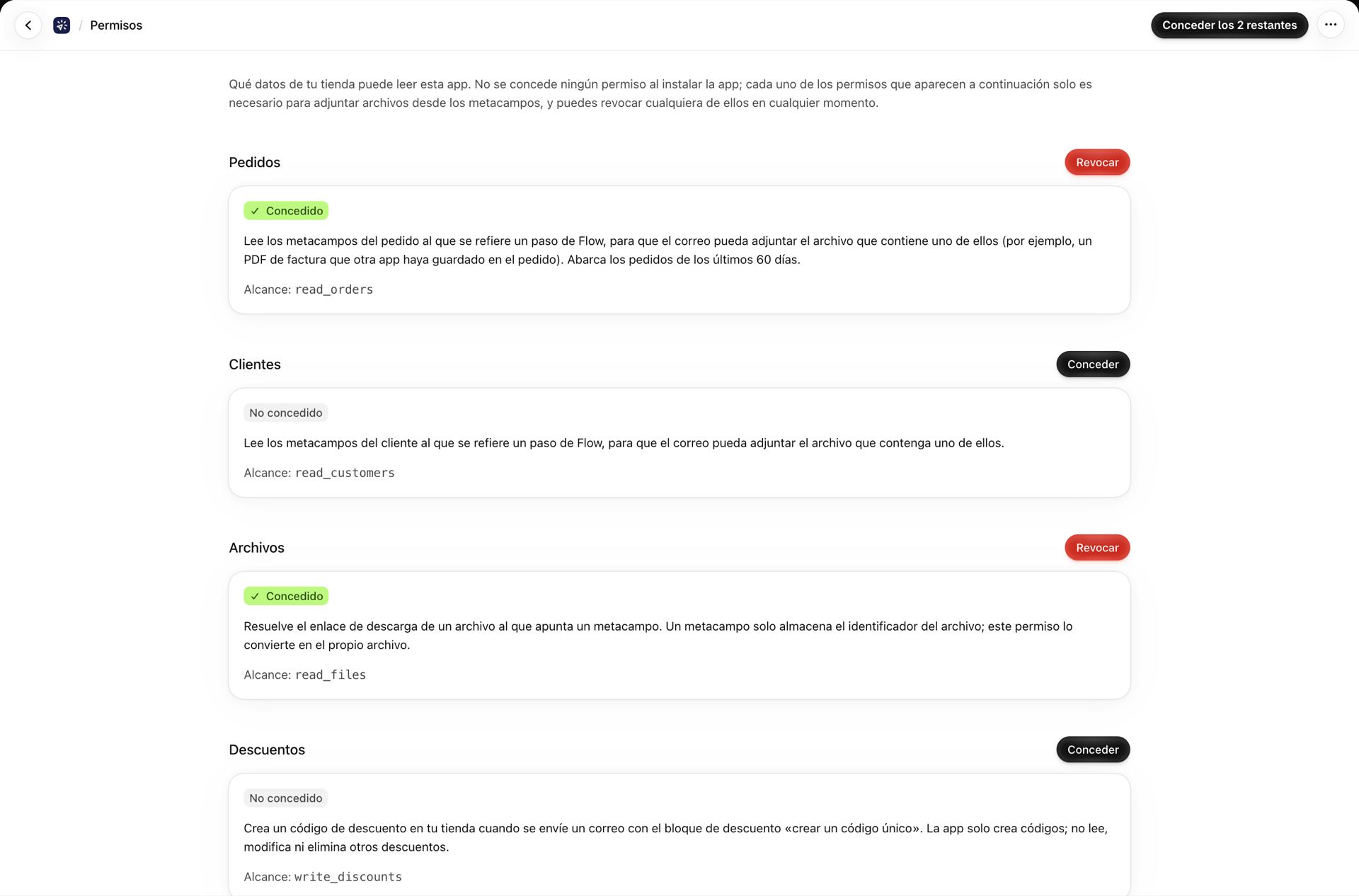La página «Permisos», en la que aparecen «Pedidos» y «Archivos» como «Concedidos», con los botones «Revocar», y «Clientes» y «Descuentos» como «No concedidos», con los botones «Conceder», cada uno con su ámbito de aplicación