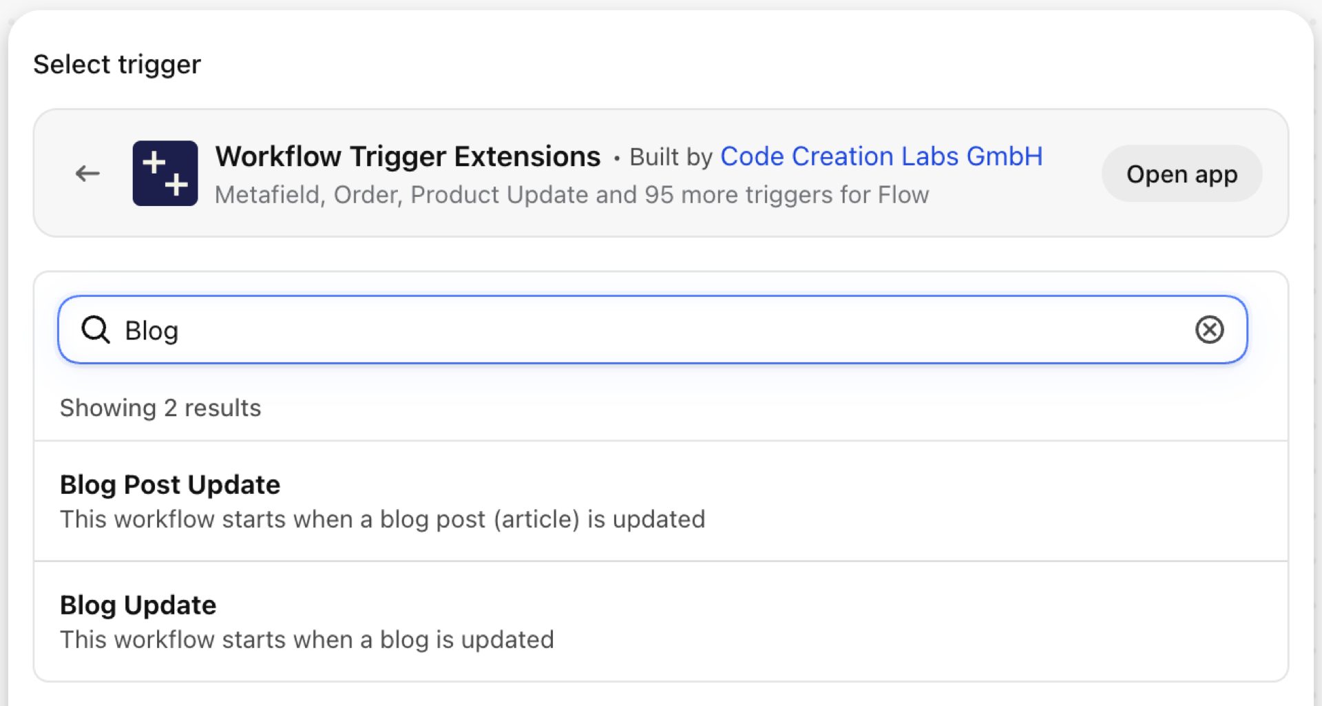 Shopify Flow's trigger picker inside Workflow Trigger Extensions, searched for Blog