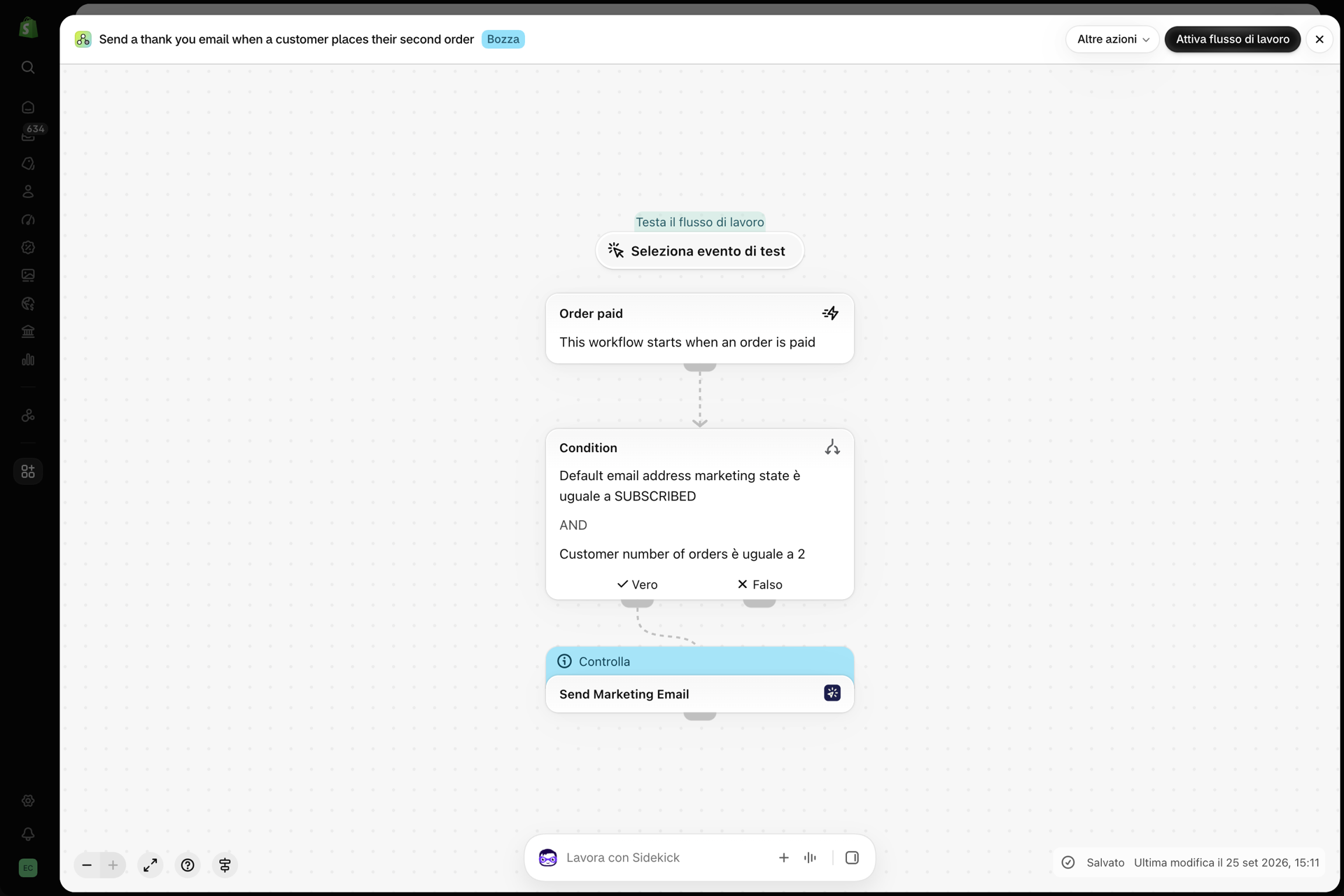 Il workflow in Shopify Flow: inviare un’e-mail di ringraziamento quando un cliente effettua il proprio secondo ordine