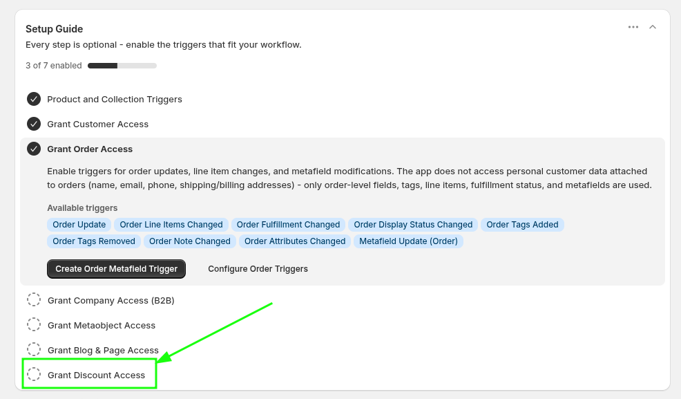 Workflow Trigger Extensions Home screen showing the Setup Guide and the Grant Discount Access option