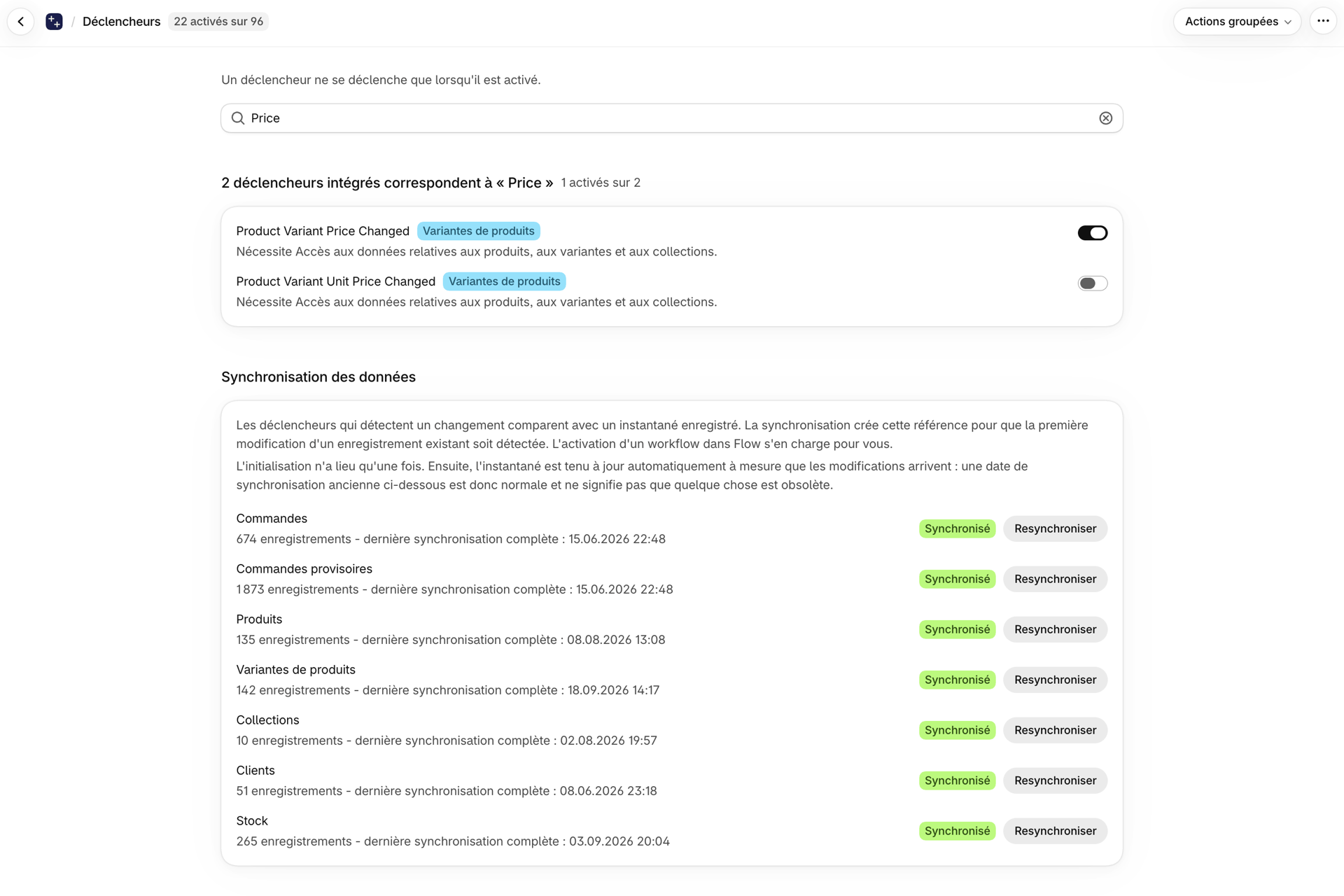 La page « Déclencheurs » a effectué une recherche sur « Prix », l'option « Modification du prix d'une variante de produit » étant activée